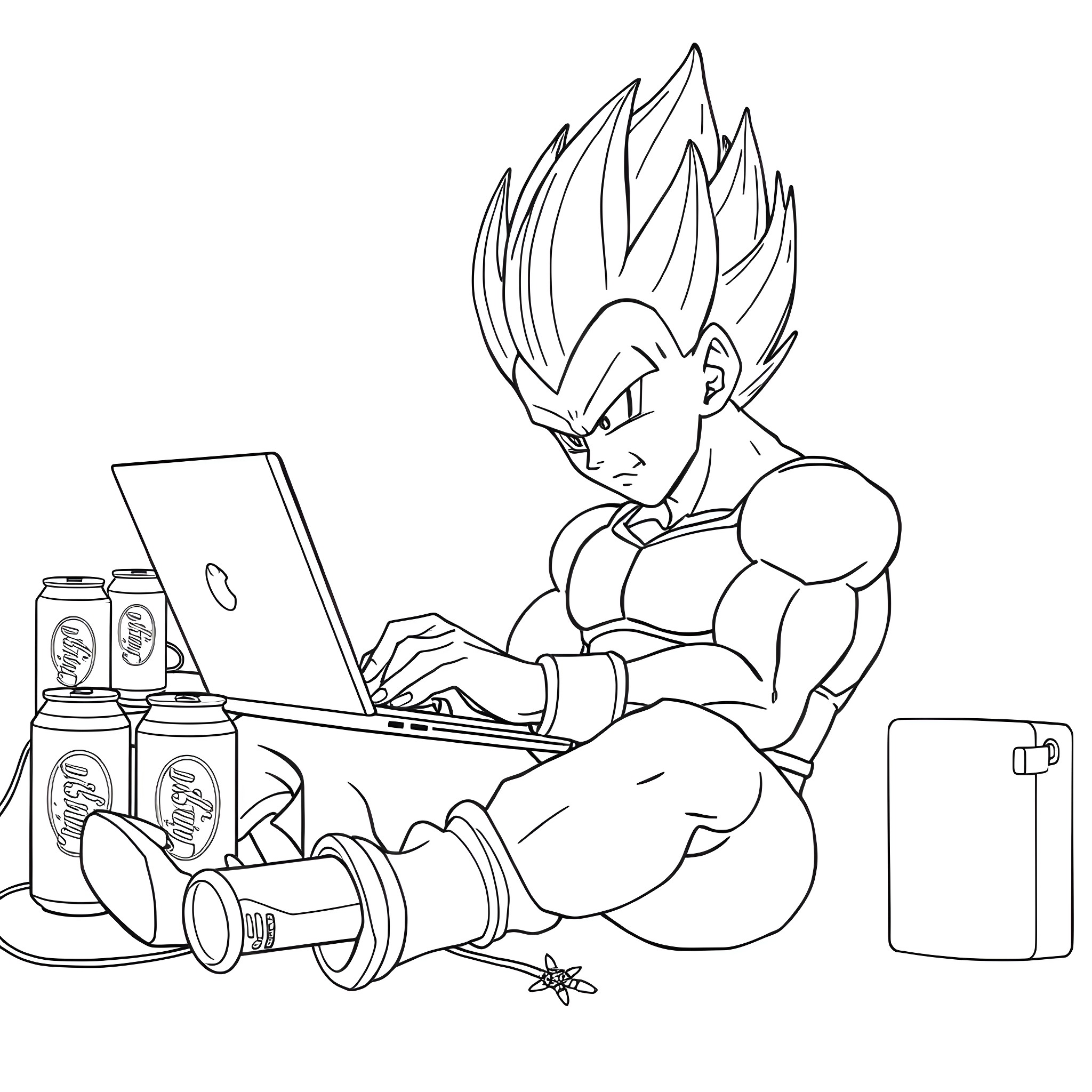 Vegeta gaming with energy drinks and gadgets Coloring Page (free black-and-white line drawing printable PDF for all, from beginners to advanced learners, including children, teens, adults, and seniors)