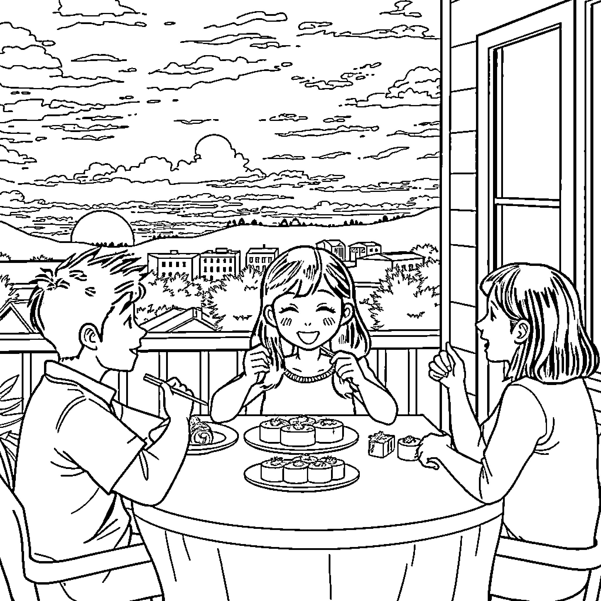 Girl Enjoying Cake with Friends on Balcony Coloring Page (free black-and-white line drawing printable PDF for all, from beginners to advanced learners, including children, teens, adults, and seniors)
