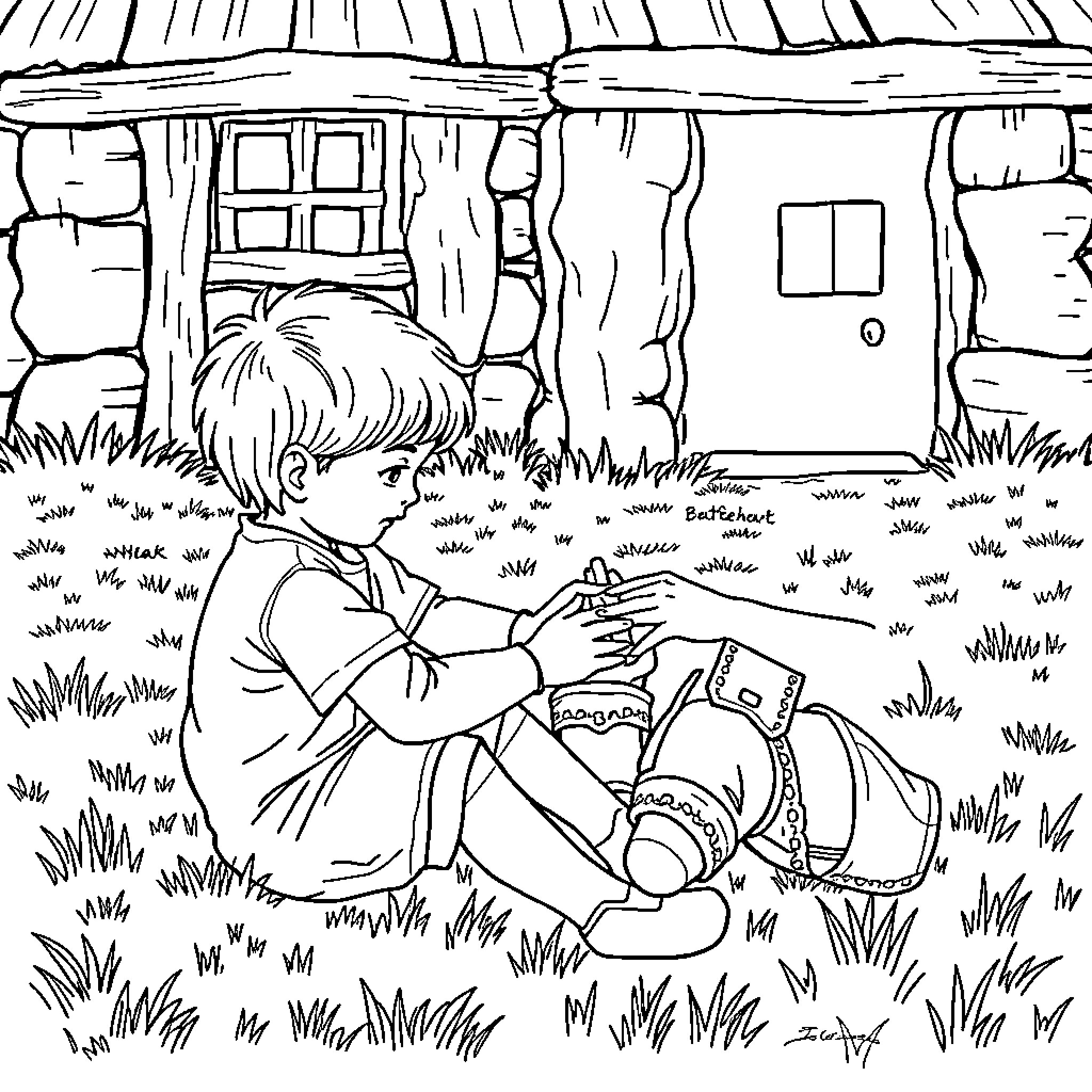 Child sitting on the grass by a cottage Coloring Page (free black-and-white line drawing printable PDF for all, from beginners to advanced learners, including children, teens, adults, and seniors)
