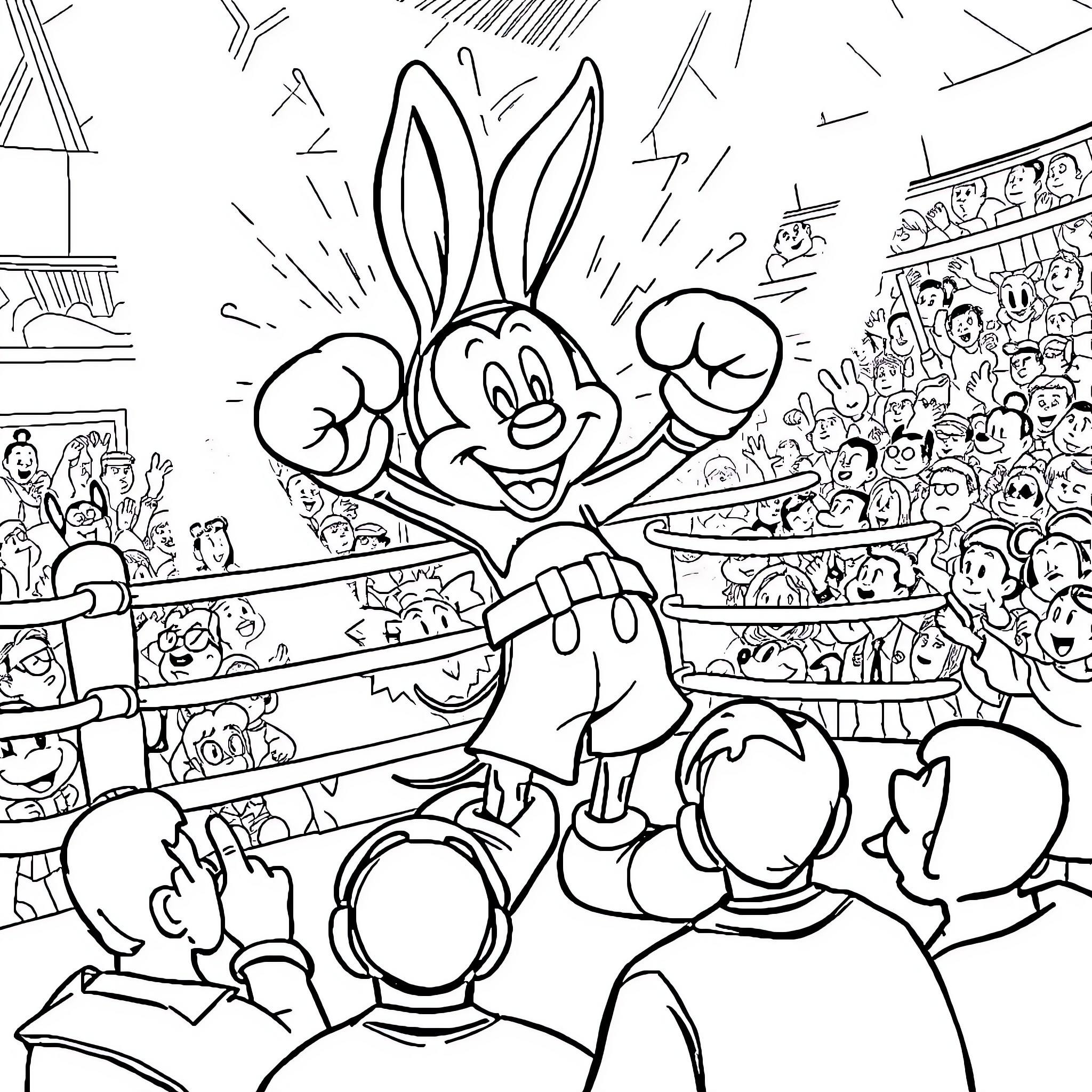 Rabbit boxing in a wrestling arena Coloring Page (free black-and-white line drawing printable PDF for all, from beginners to advanced learners, including children, teens, adults, and seniors)