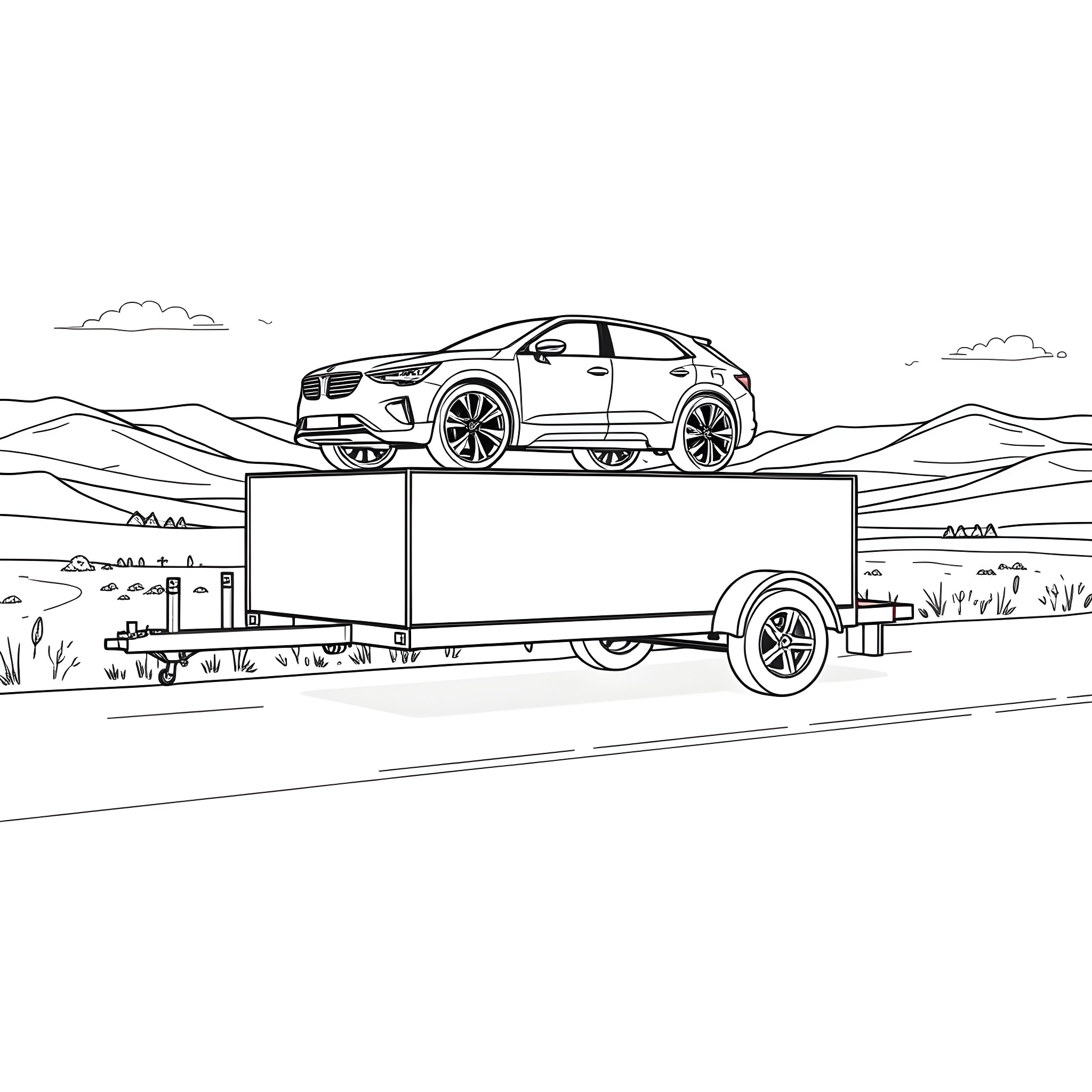 Car Trailer Transporting Modern Crossover Vehicle Coloring Page (free black-and-white line drawing printable PDF for all, from beginners to advanced learners, including children, teens, adults, and seniors)