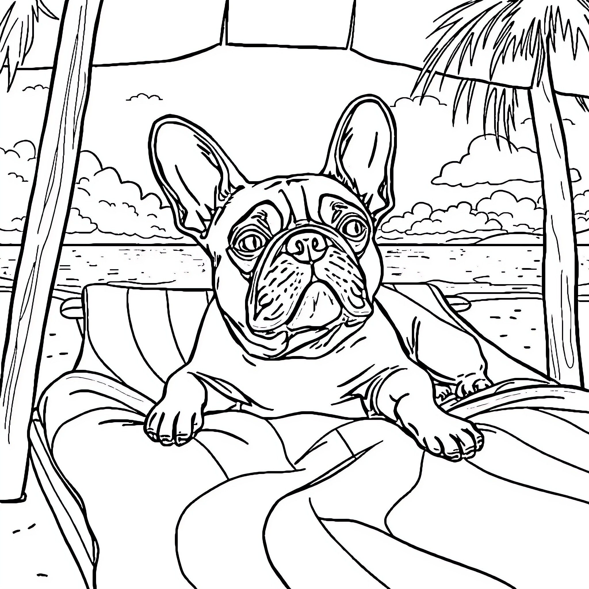 French Bulldog relaxing on the beach Coloring Page (free black-and-white line drawing printable PDF for all, from beginners to advanced learners, including children, teens, adults, and seniors)