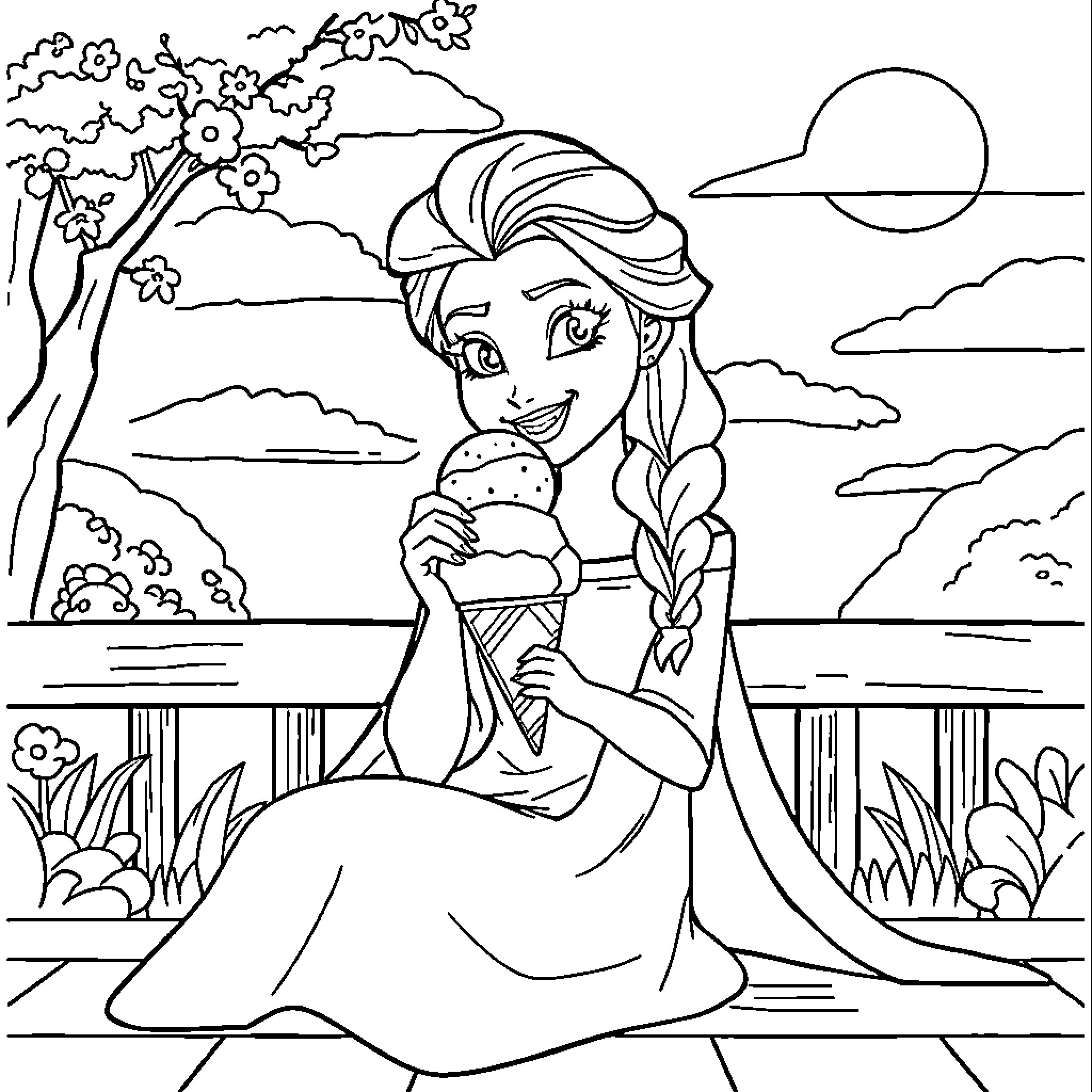 Elsa enjoying a tasty ice cream in the park Coloring Page (free black-and-white line drawing printable PDF for all, from beginners to advanced learners, including children, teens, adults, and seniors)