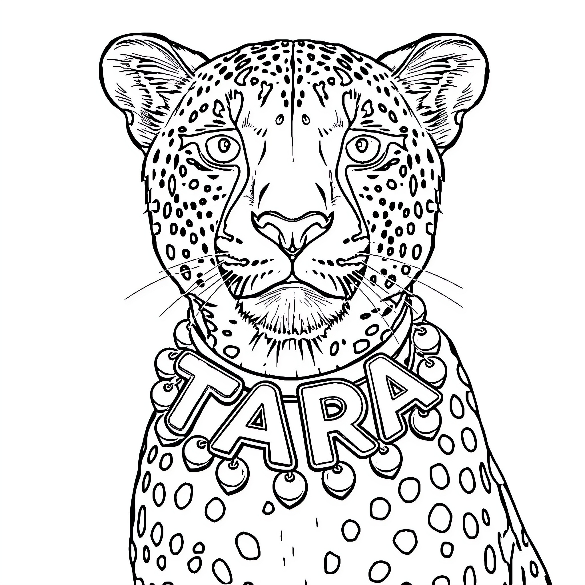 Cheetah wearing ornate collar and necklace Coloring Page (free black-and-white line drawing printable PDF for all, from beginners to advanced learners, including children, teens, adults, and seniors)