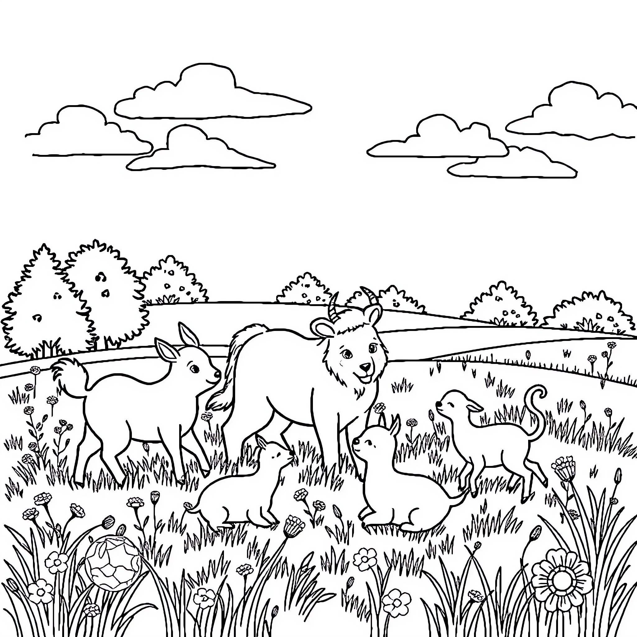 Animal Herd Grazing in Pastoral Landscape Coloring Page (free black-and-white line drawing printable PDF for all, from beginners to advanced learners, including children, teens, adults, and seniors)