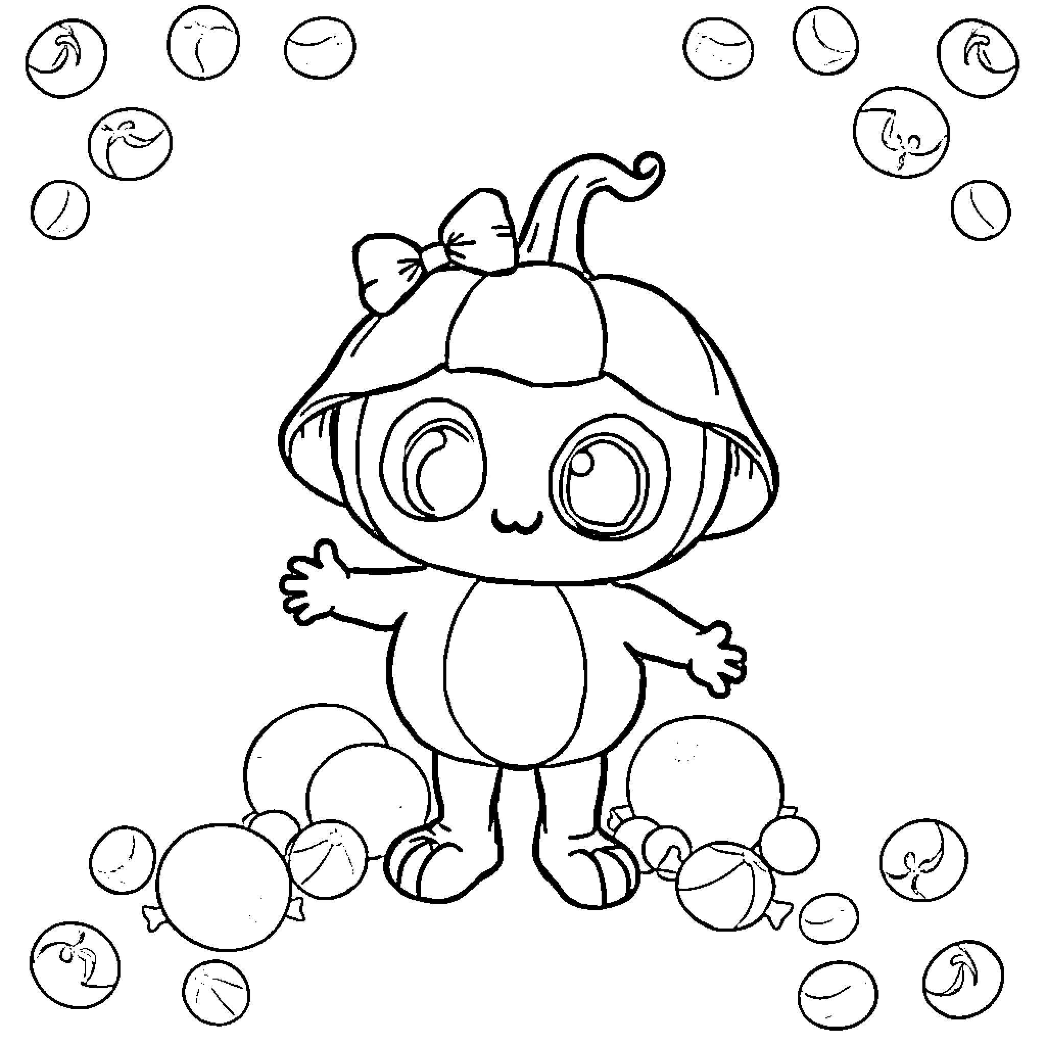 Amigurumi Creature with Kawaii Expression Coloring Page (free black-and-white line drawing printable PDF for all, from beginners to advanced learners, including children, teens, adults, and seniors)