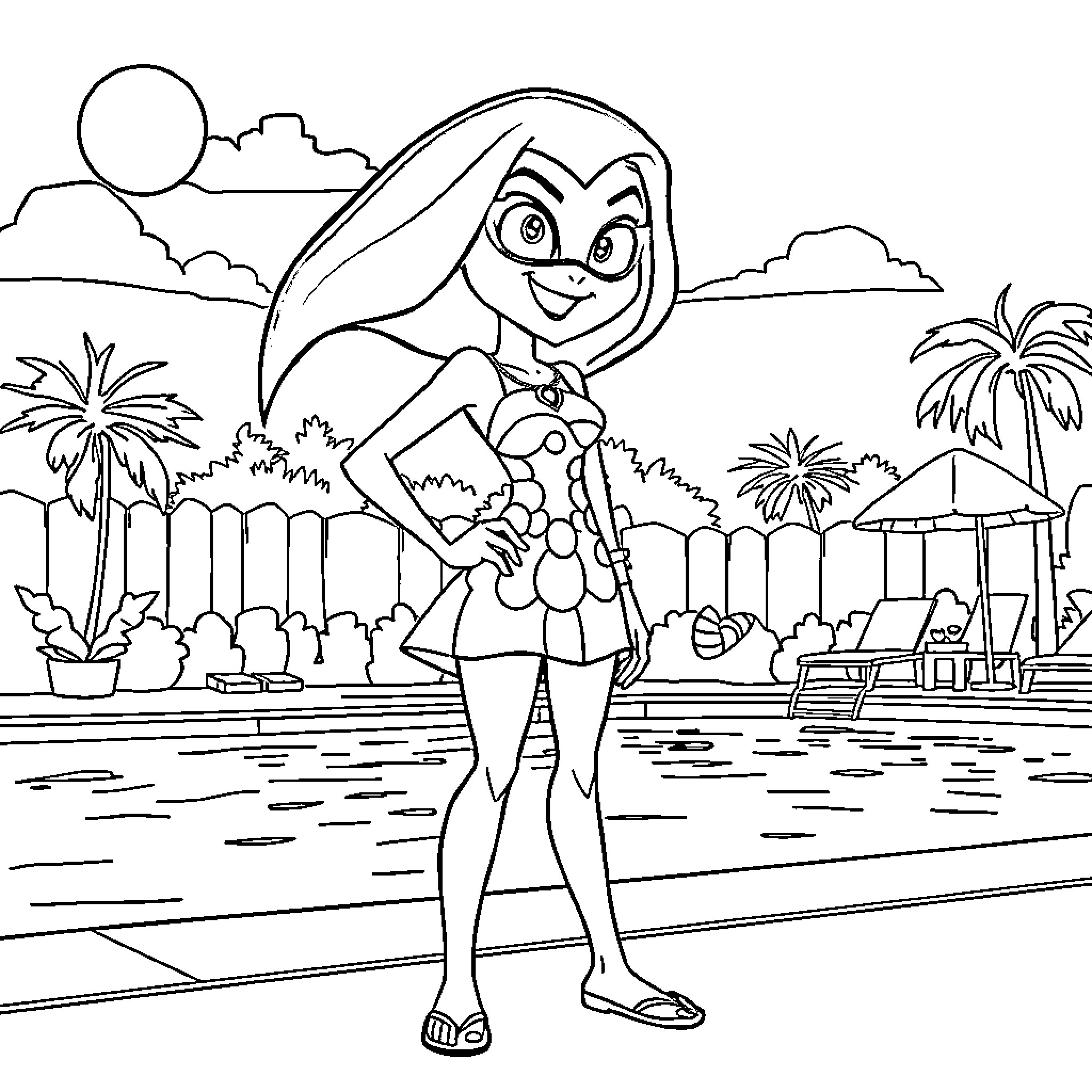 Raven enjoying a sunny day at the beach Coloring Page (free black-and-white line drawing printable PDF for all, from beginners to advanced learners, including children, teens, adults, and seniors)
