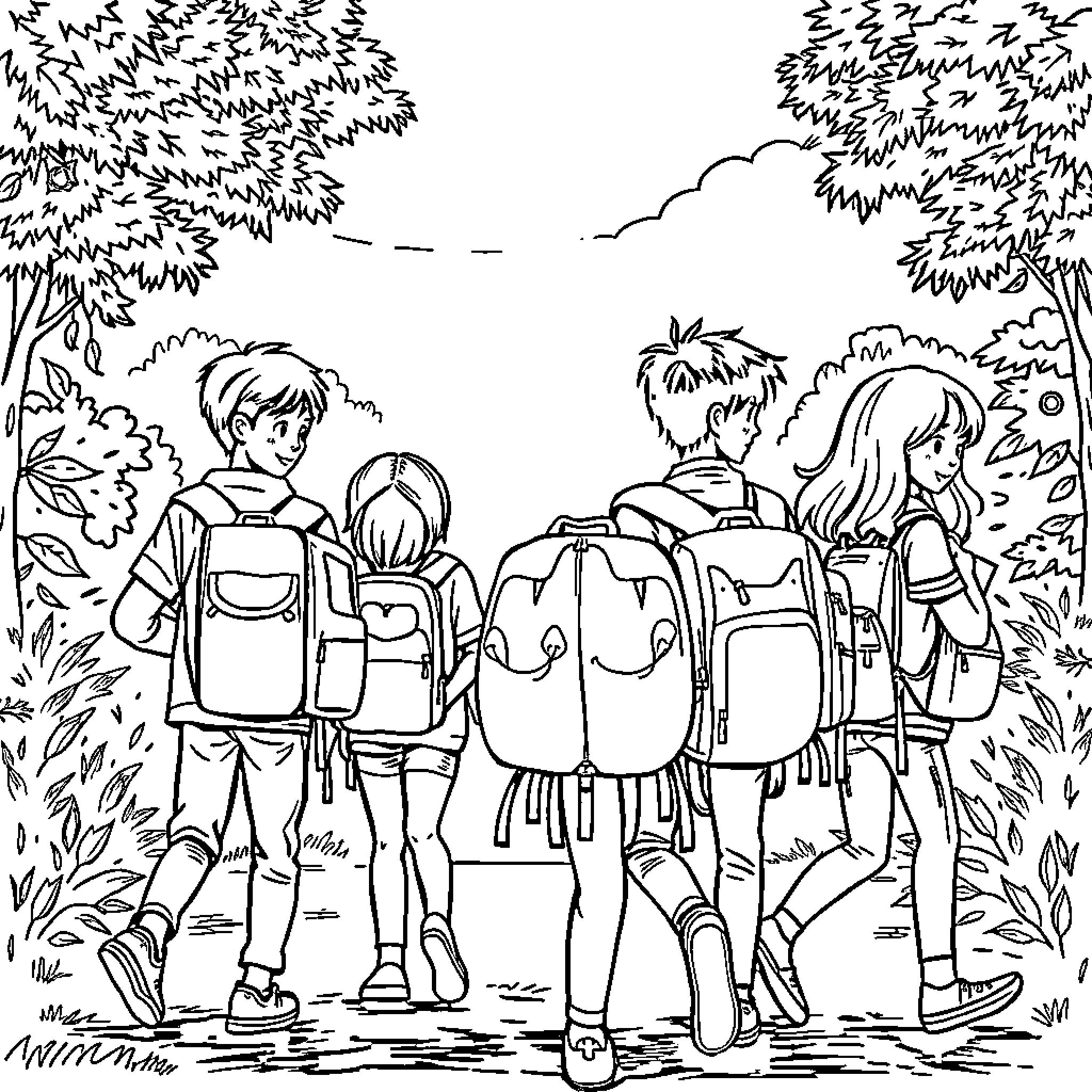 School Field Trip through Outdoor Nature Scene Coloring Page (free black-and-white line drawing printable PDF for all, from beginners to advanced learners, including children, teens, adults, and seniors)