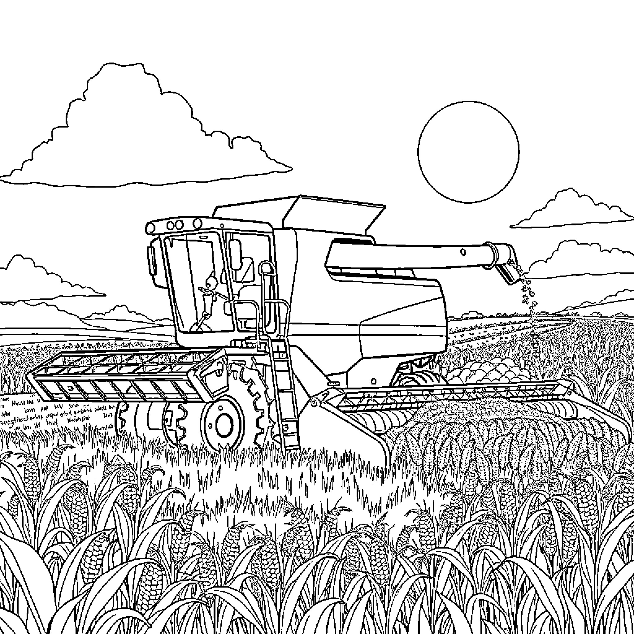 Combine Harvester harvesting crops in a scenic landscape Coloring Page (free black-and-white line drawing printable PDF for all, from beginners to advanced learners, including children, teens, adults, and seniors)