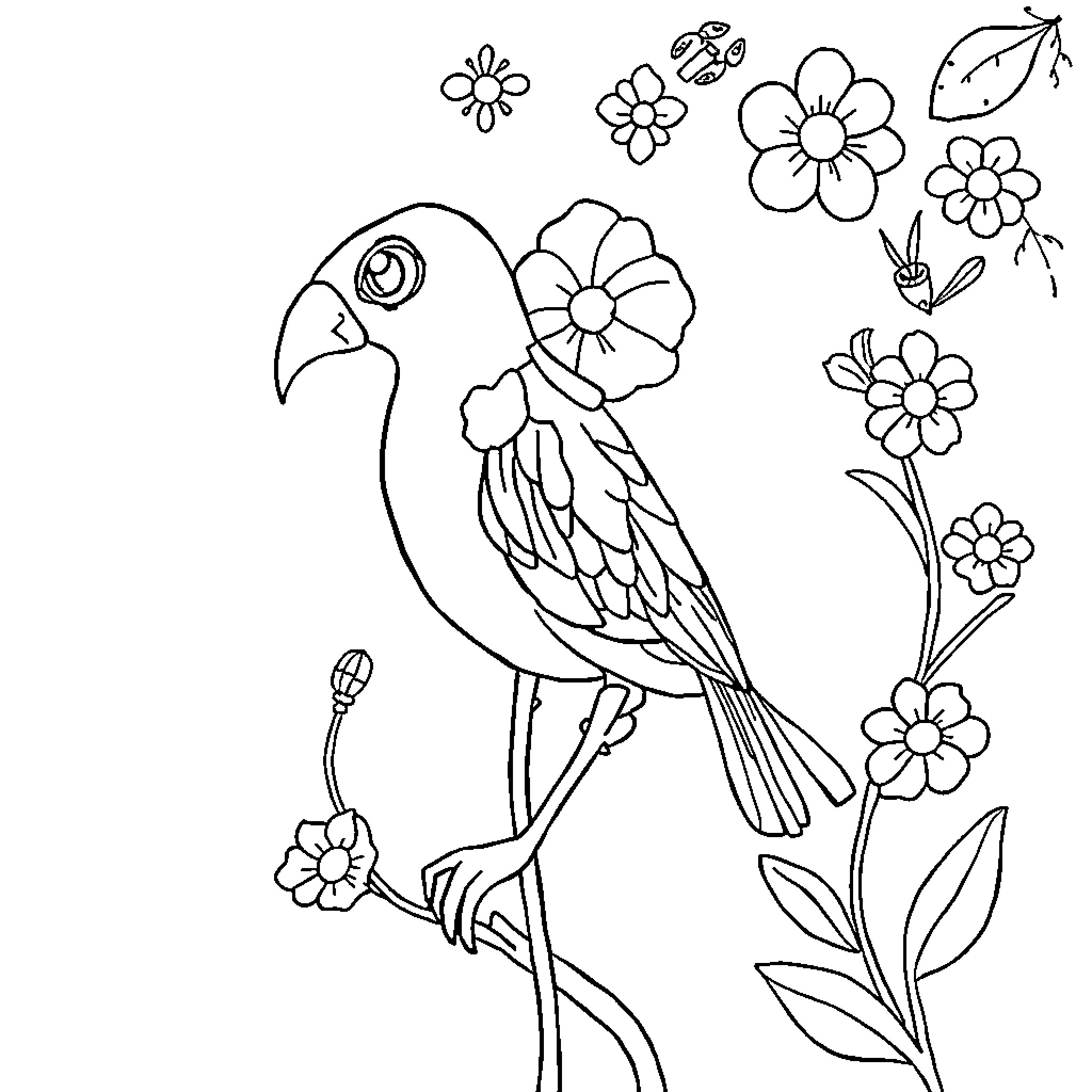 Easy Colorful Parrot and Flowers Coloring Page (free black-and-white line drawing printable PDF for all, from beginners to advanced learners, including children, teens, adults, and seniors)