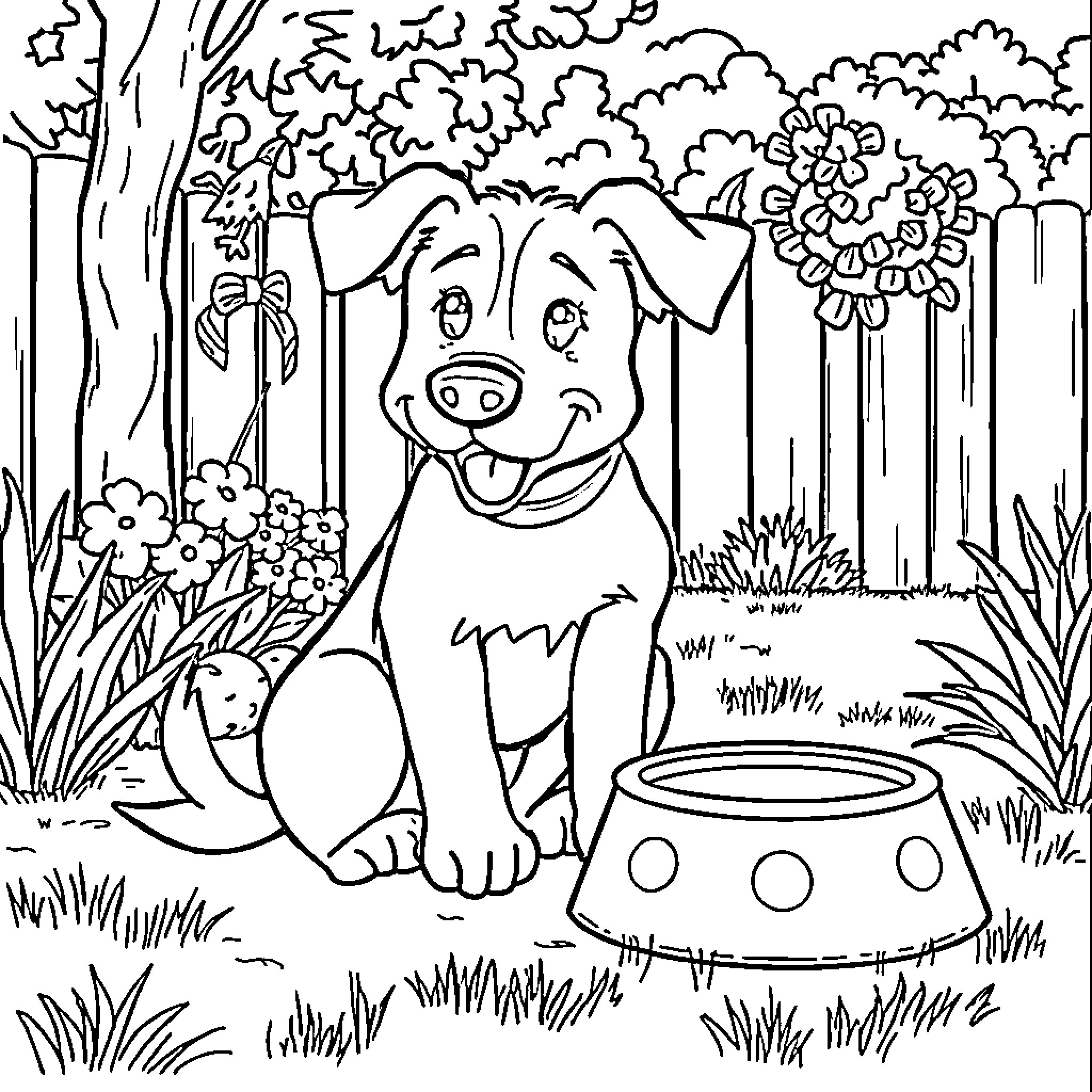 Bluey playing happily with pet in a garden Coloring Page (free black-and-white line drawing printable PDF for all, from beginners to advanced learners, including children, teens, adults, and seniors)