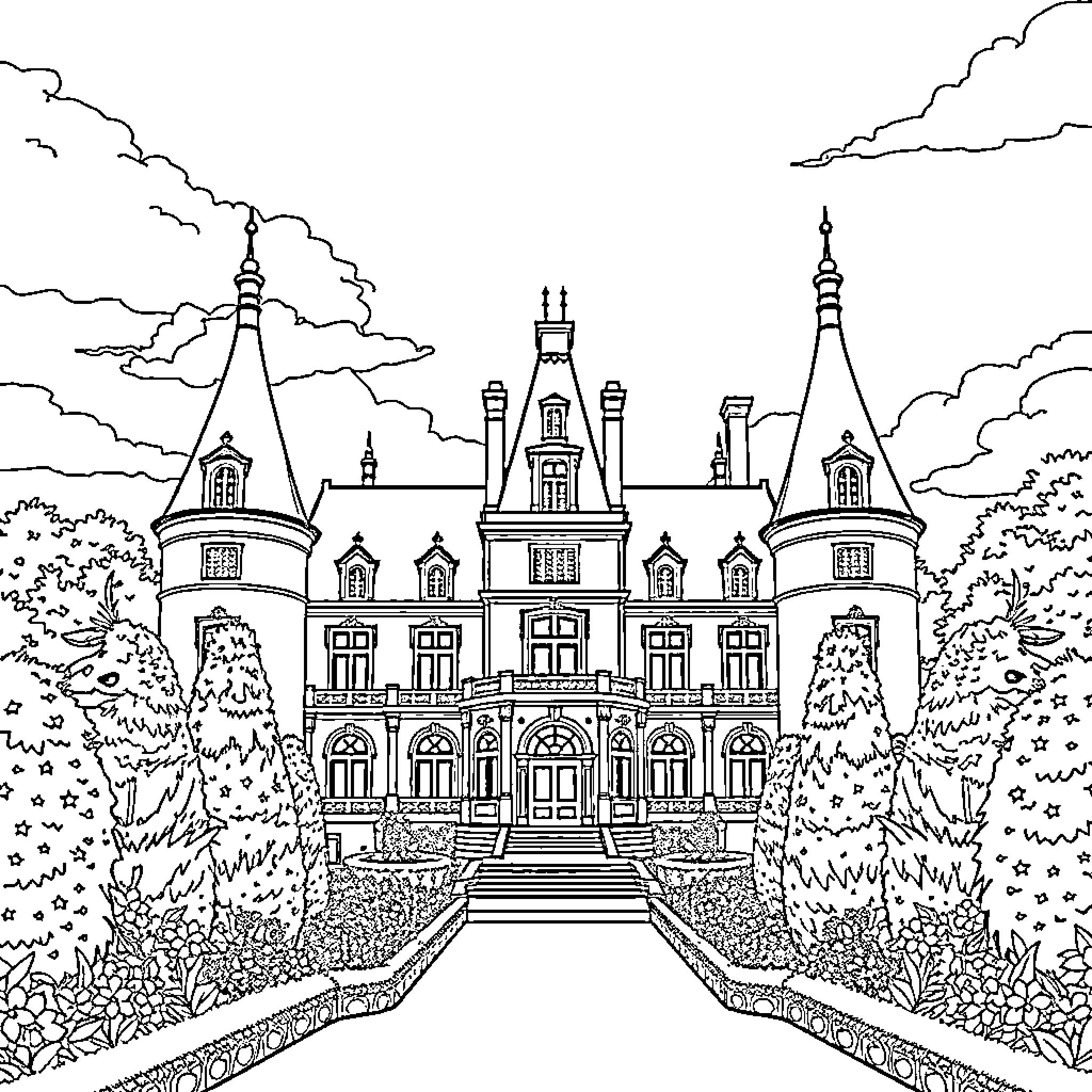 Château of grandeur and elegance in the enchanting landscape Coloring Page (free black-and-white line drawing printable PDF for all, from beginners to advanced learners, including children, teens, adults, and seniors)