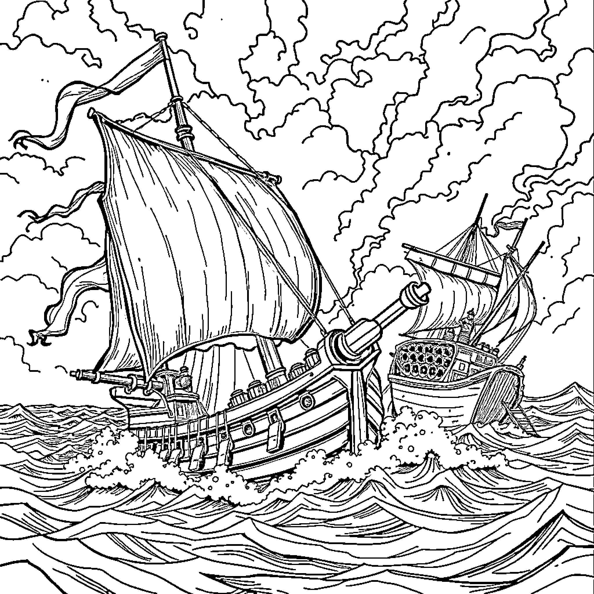 Pirate Ships Sailing through Stormy Seas Coloring Page (free black-and-white line drawing printable PDF for all, from beginners to advanced learners, including children, teens, adults, and seniors)