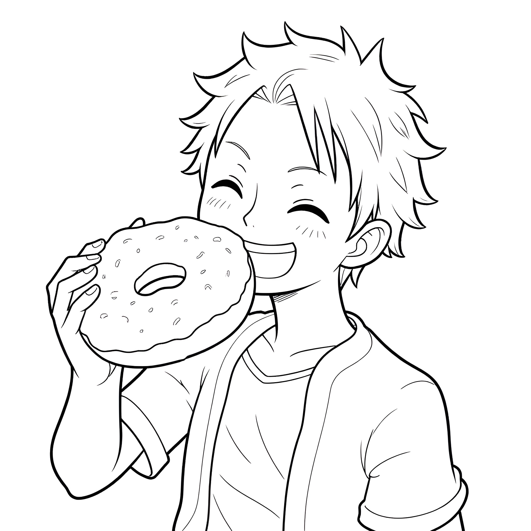 Luffy enjoying a delicious donut Coloring Page (free black-and-white line drawing printable PDF for all, from beginners to advanced learners, including children, teens, adults, and seniors)