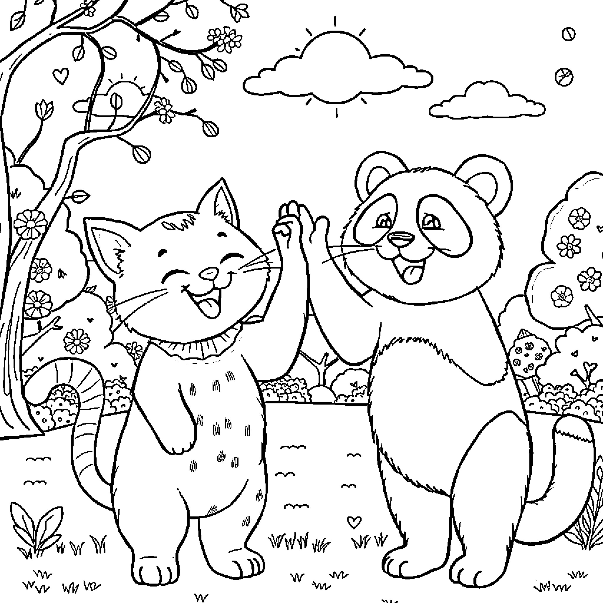 CatRat Playing Together in Floral Garden Coloring Page (free black-and-white line drawing printable PDF for all, from beginners to advanced learners, including children, teens, adults, and seniors)