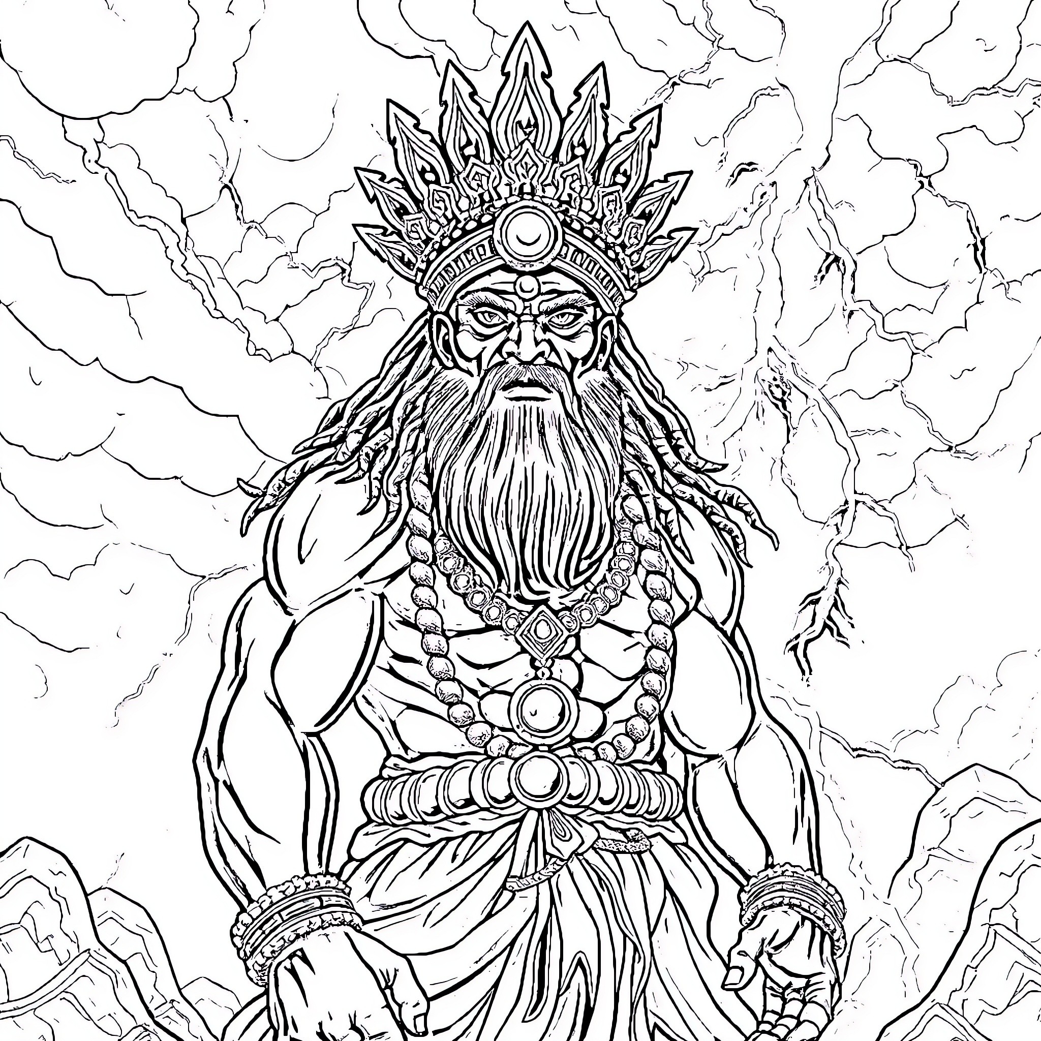 Shango, the Powerful Storm God in Ceremonial Attire Coloring Page (free black-and-white line drawing printable PDF for all, from beginners to advanced learners, including children, teens, adults, and seniors)