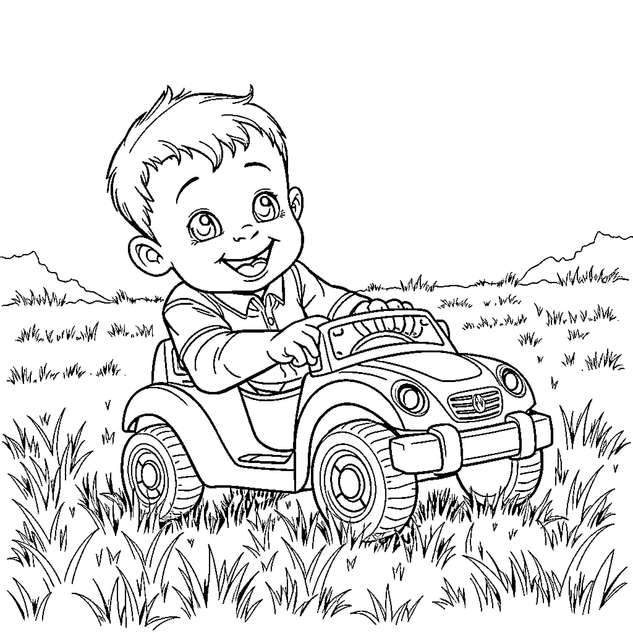 Boy driving toy car in a grassy field Coloring Page (free black-and-white line drawing printable PDF for all, from beginners to advanced learners, including children, teens, adults, and seniors)