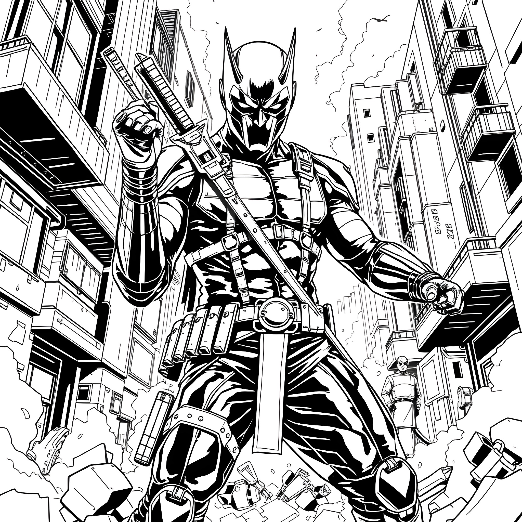 Dare The Terminator Battles Against Destruction in the City Coloring Page (free black-and-white line drawing printable PDF for all, from beginners to advanced learners, including children, teens, adults, and seniors)