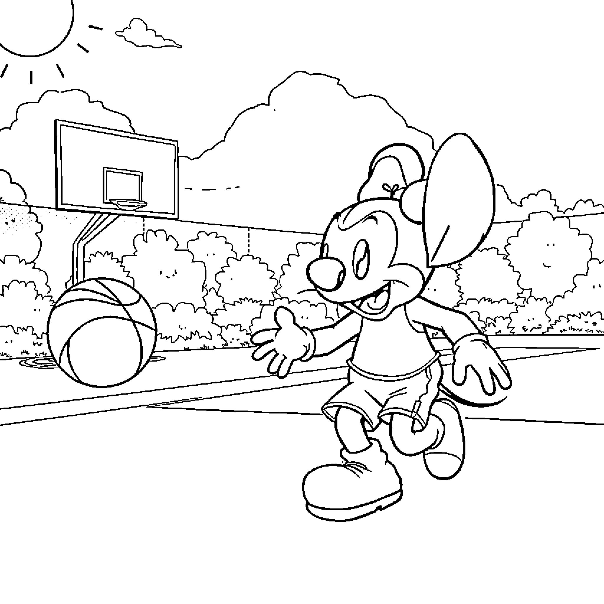 Stitch playing basketball on the court Coloring Page (free black-and-white line drawing printable PDF for all, from beginners to advanced learners, including children, teens, adults, and seniors)