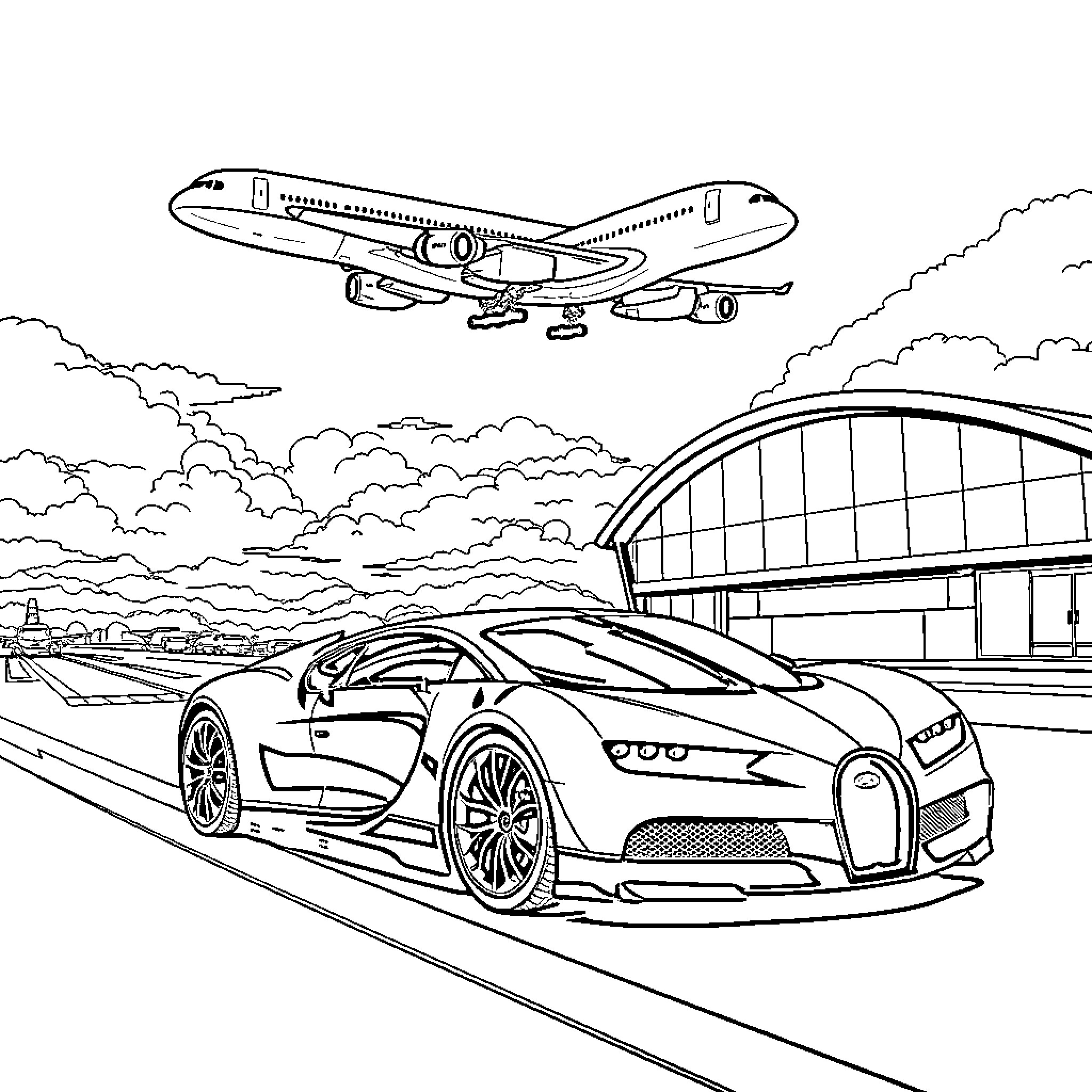 A380 aircraft soaring over modern transportation hub Coloring Page (free black-and-white line drawing printable PDF for all, from beginners to advanced learners, including children, teens, adults, and seniors)