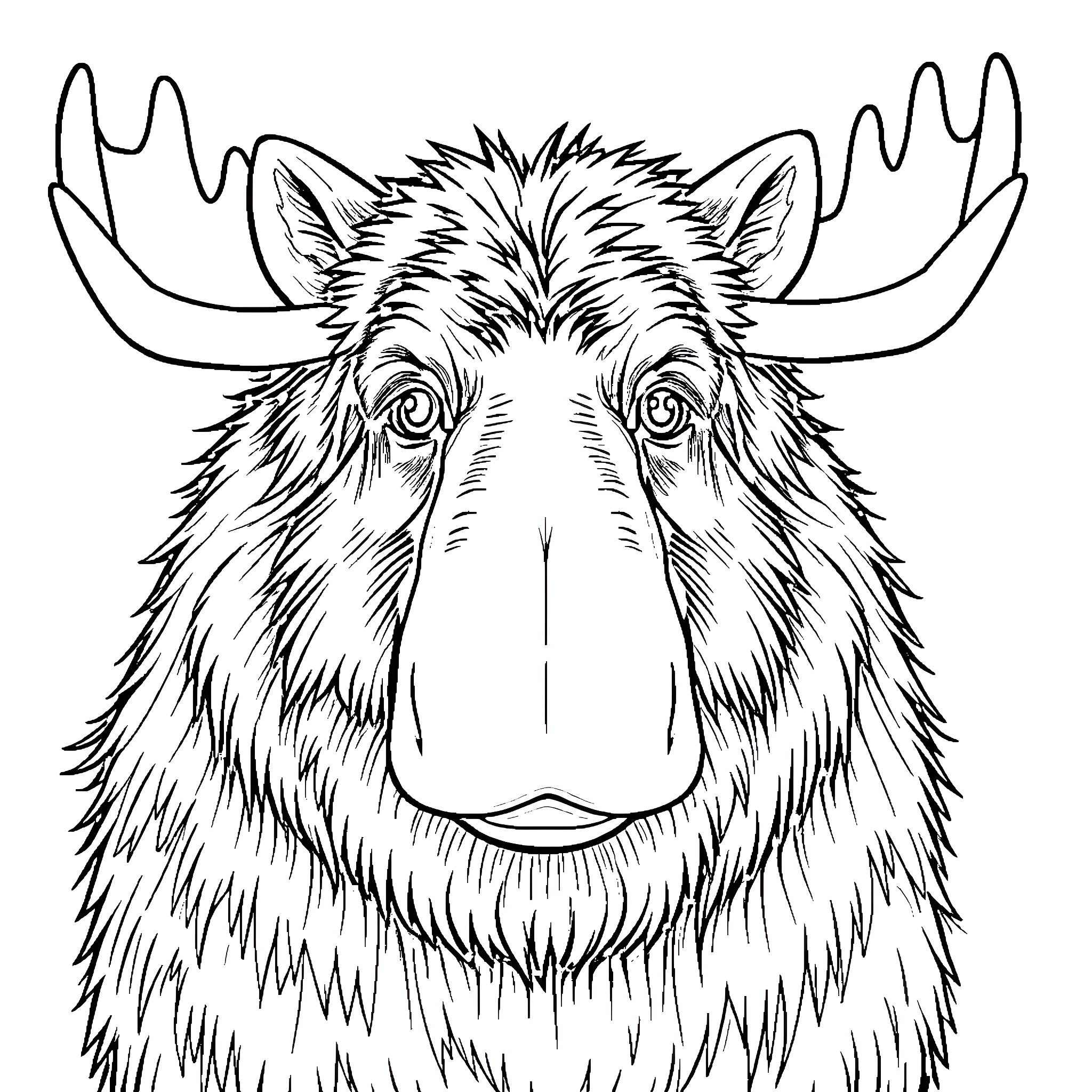 Moose with detailed facial features Coloring Page (free black-and-white line drawing printable PDF for all, from beginners to advanced learners, including children, teens, adults, and seniors)