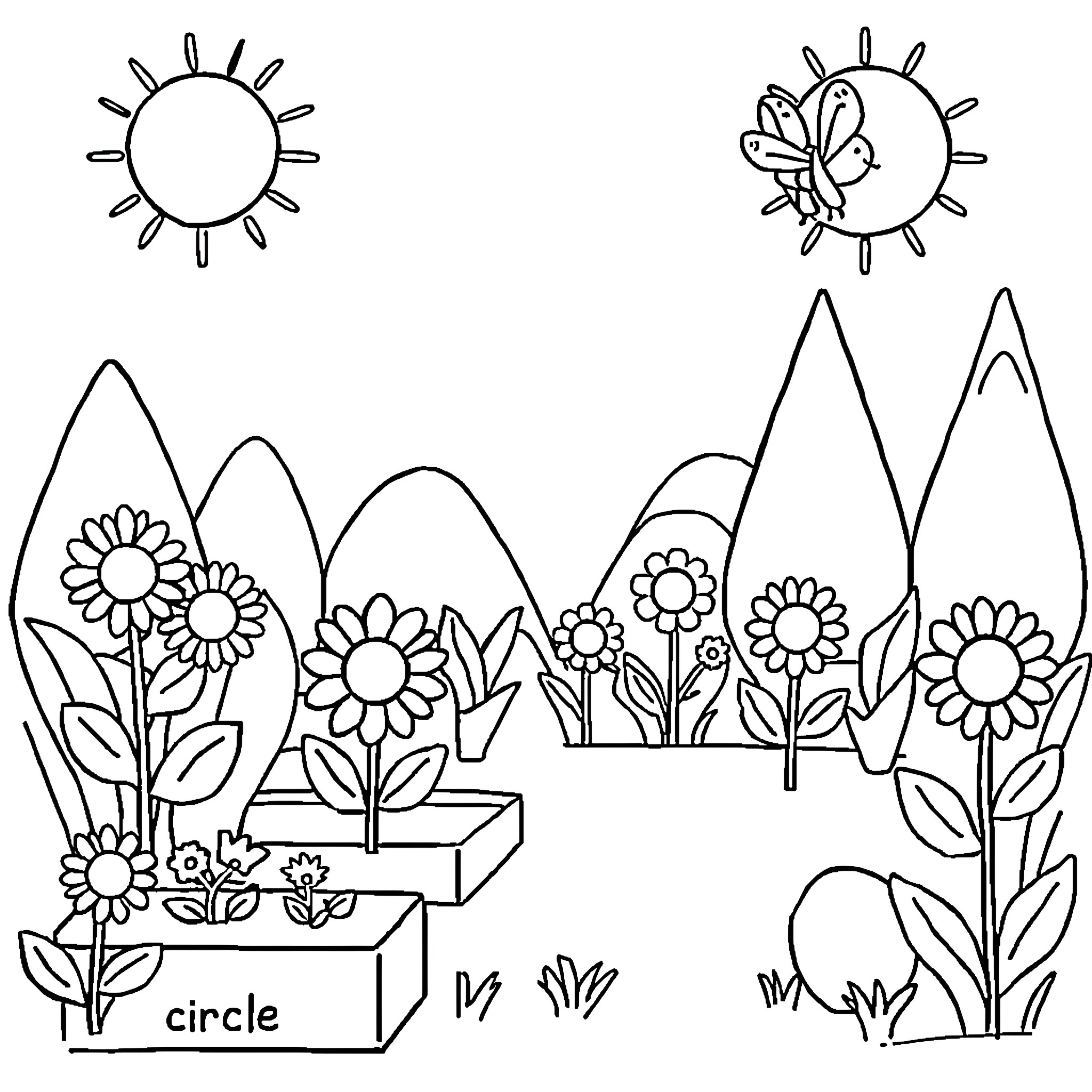 Garden with flowers and nature Coloring Page (free black-and-white line drawing printable PDF for all, from beginners to advanced learners, including children, teens, adults, and seniors)