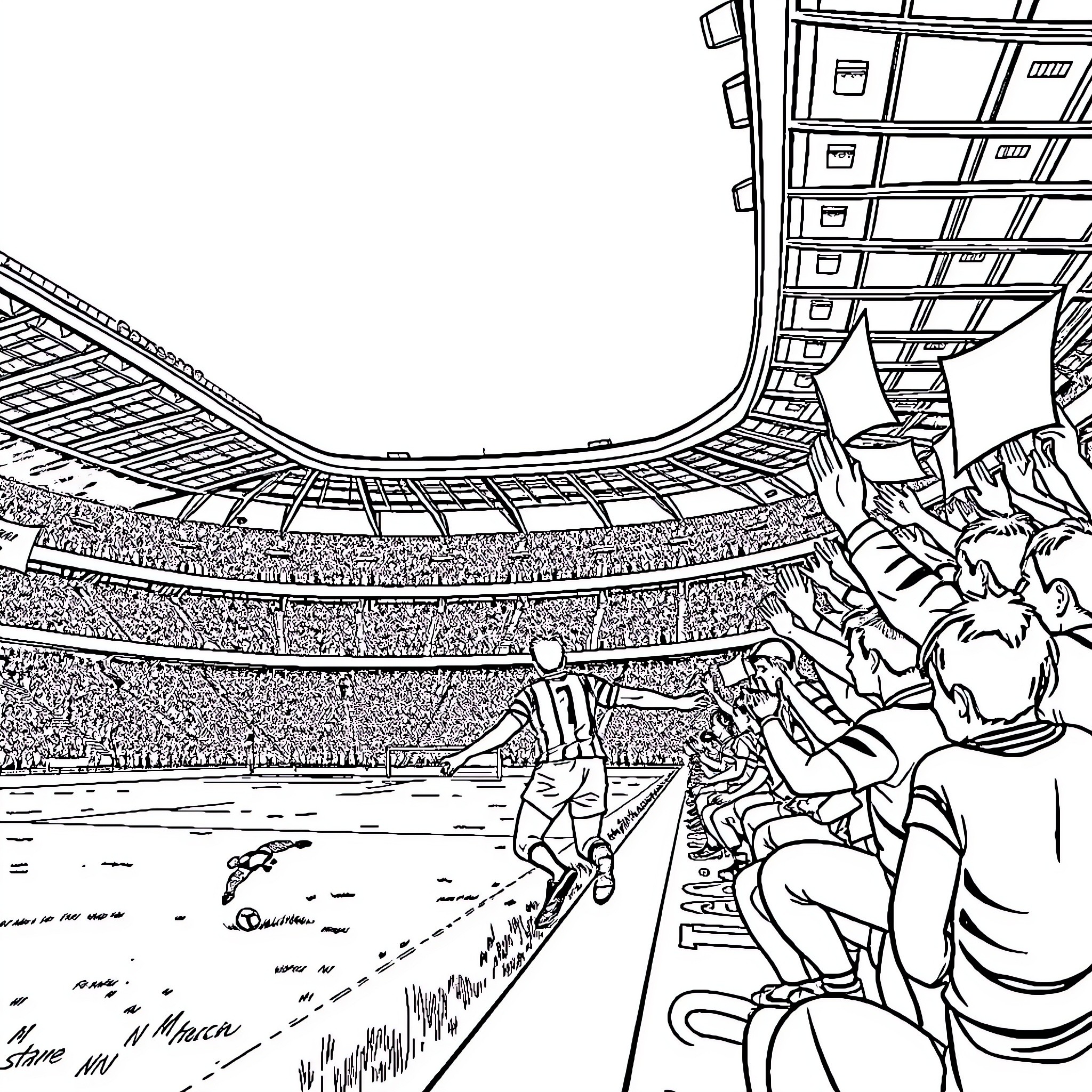 Rugby match in packed stadium with spectators Coloring Page (free black-and-white line drawing printable PDF for all, from beginners to advanced learners, including children, teens, adults, and seniors)