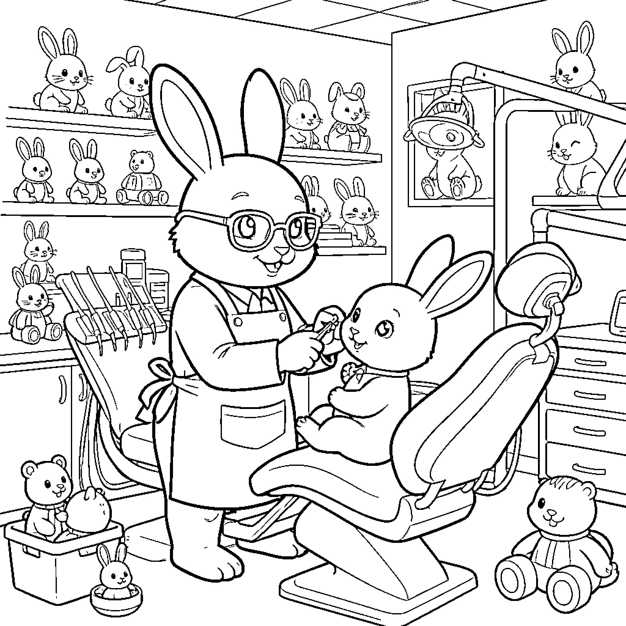 Conejito's Rabbit Shop: Toys, Treats, and Tender Care Coloring Page (free black-and-white line drawing printable PDF for all, from beginners to advanced learners, including children, teens, adults, and seniors)