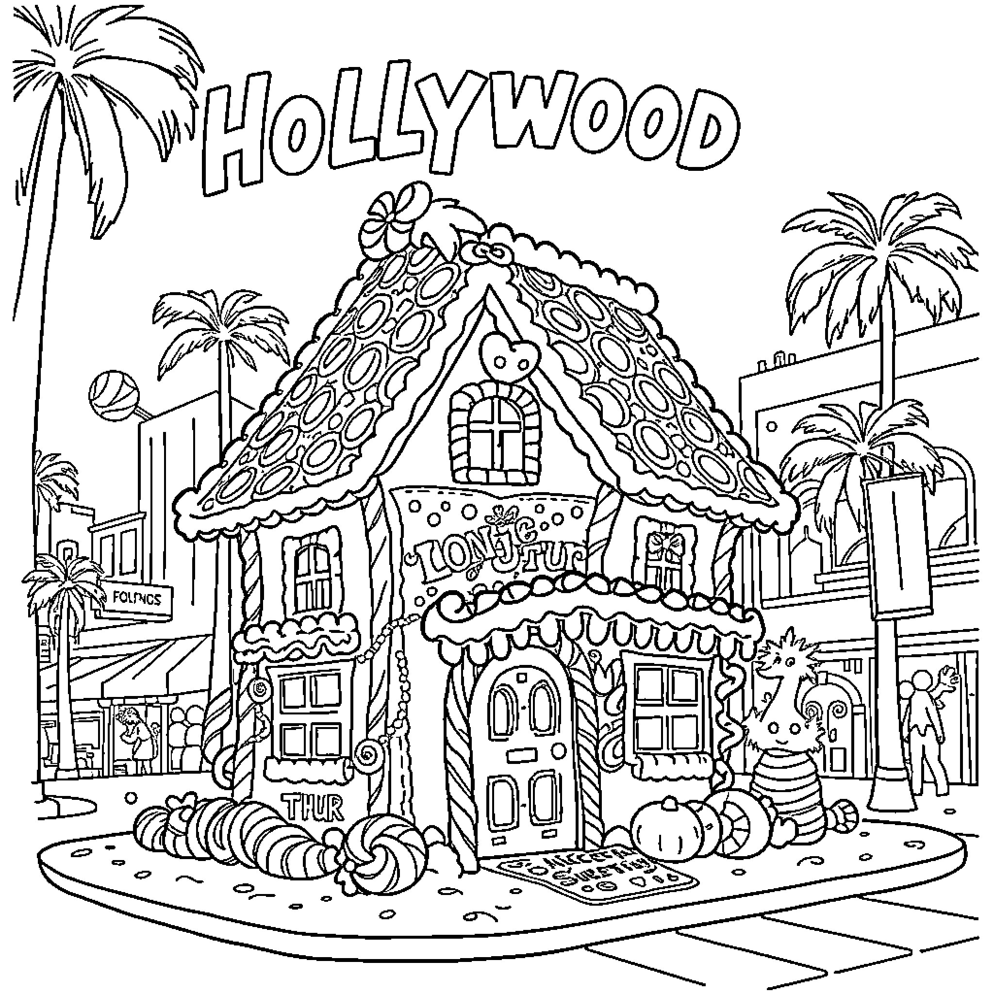 Gingerbread House in Hollywood with Palm Trees Coloring Page (free black-and-white line drawing printable PDF for all, from beginners to advanced learners, including children, teens, adults, and seniors)