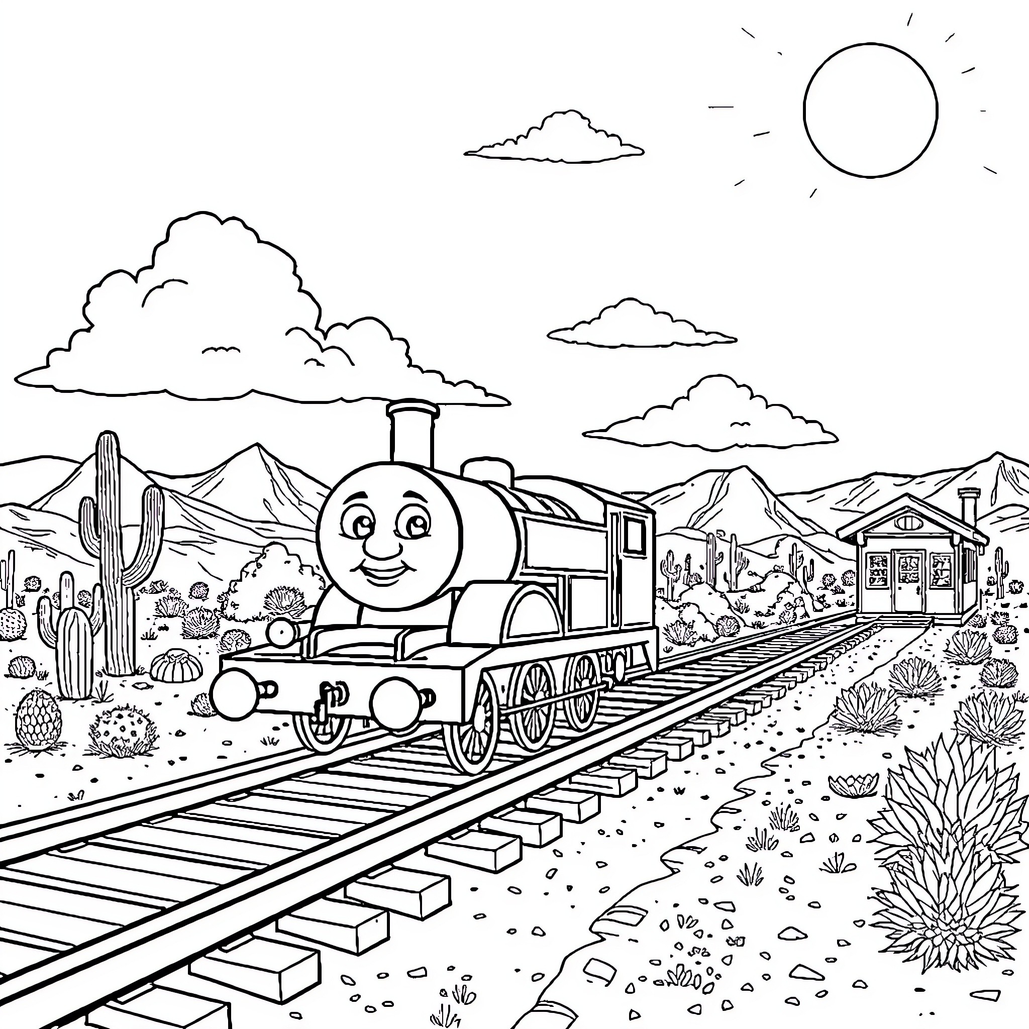 Thomas's Adventurous Train Ride Through the Desert Landscape Coloring Page (free black-and-white line drawing printable PDF for all, from beginners to advanced learners, including children, teens, adults, and seniors)