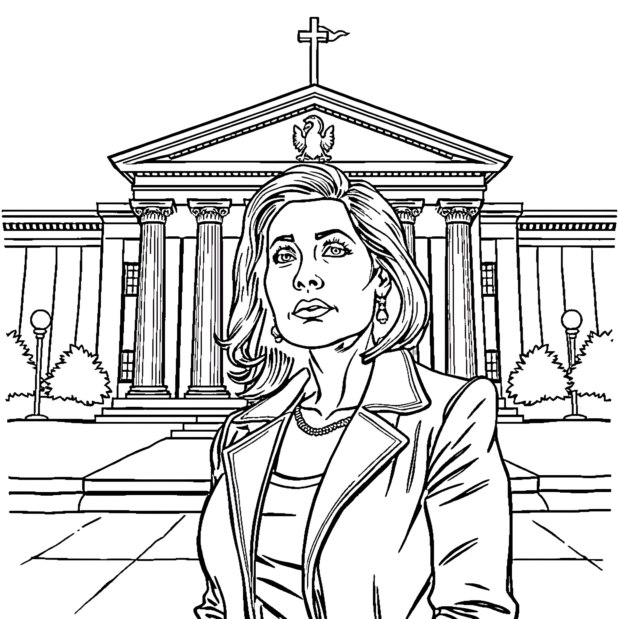 Darlie Routier standing in front of a church Coloring Page (free black-and-white line drawing printable PDF for all, from beginners to advanced learners, including children, teens, adults, and seniors)
