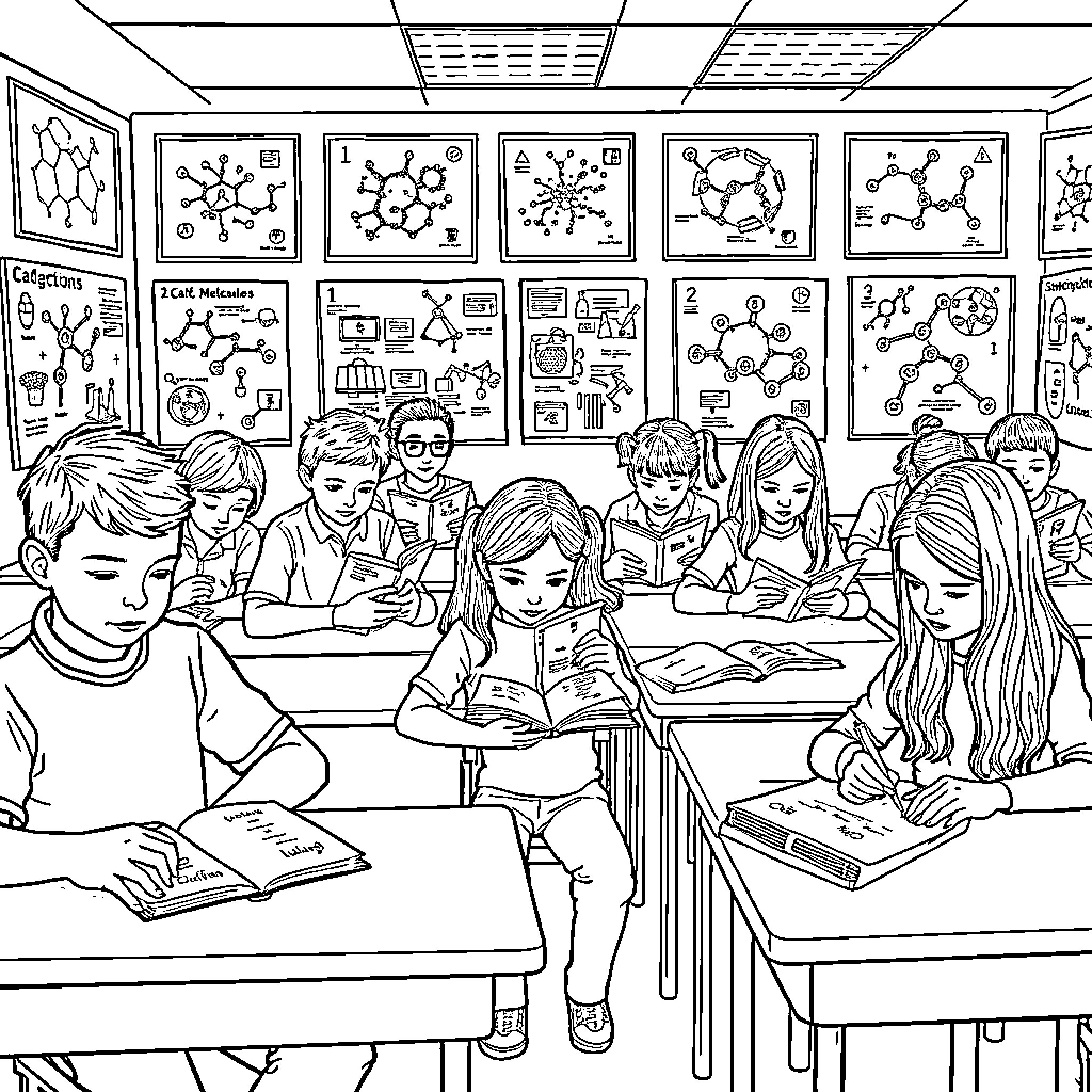 Student Learning Science Concepts in Classroom Coloring Page (free black-and-white line drawing printable PDF for all, from beginners to advanced learners, including children, teens, adults, and seniors)