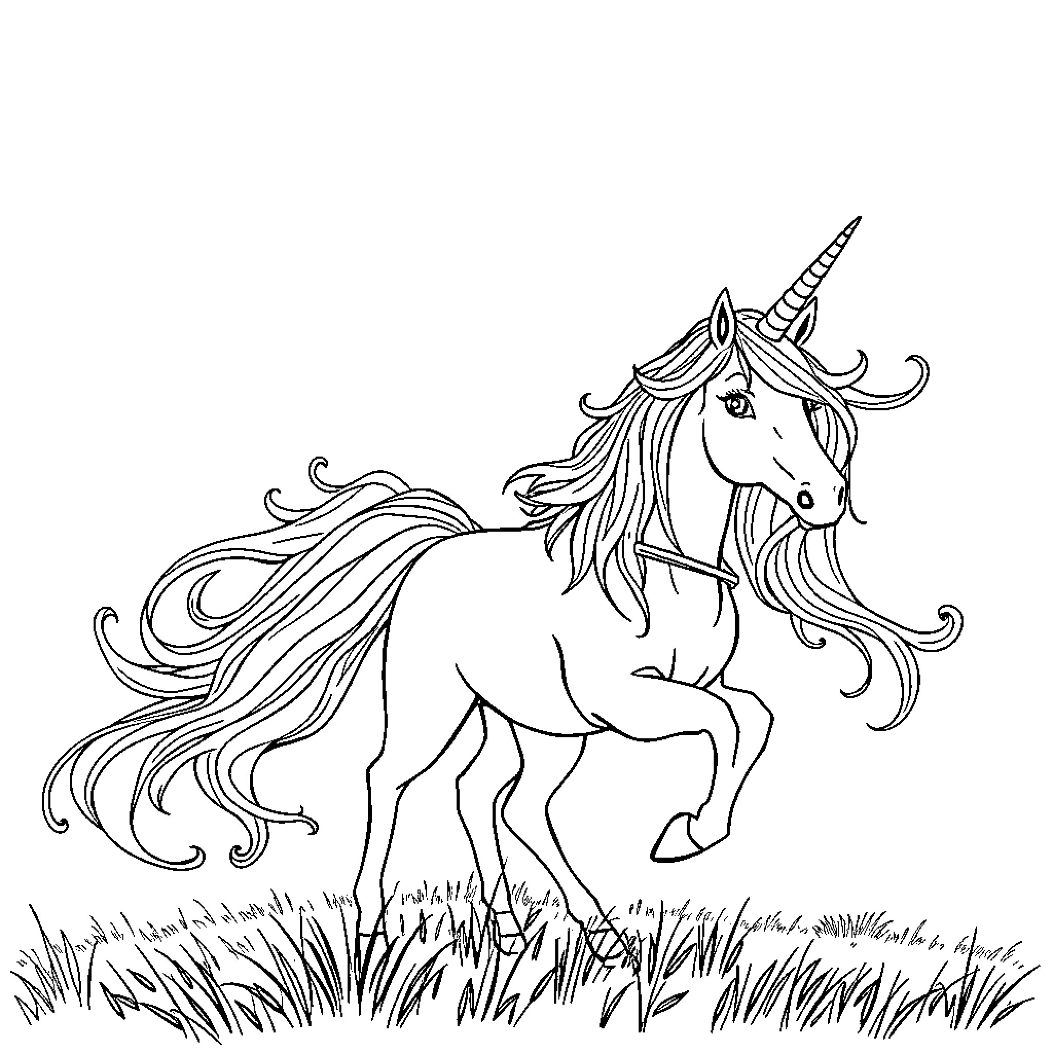 Unicorn running gracefully through the meadow Coloring Page (free black-and-white line drawing printable PDF for all, from beginners to advanced learners, including children, teens, adults, and seniors)