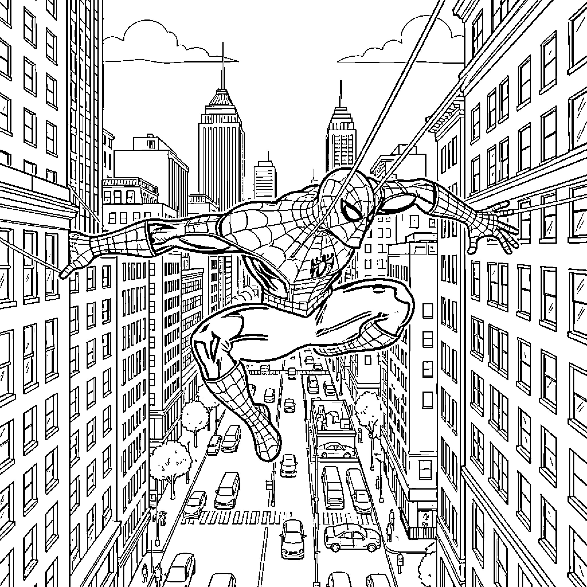Spider-Man swinging through the cityscape Coloring Page (free black-and-white line drawing printable PDF for all, from beginners to advanced learners, including children, teens, adults, and seniors)