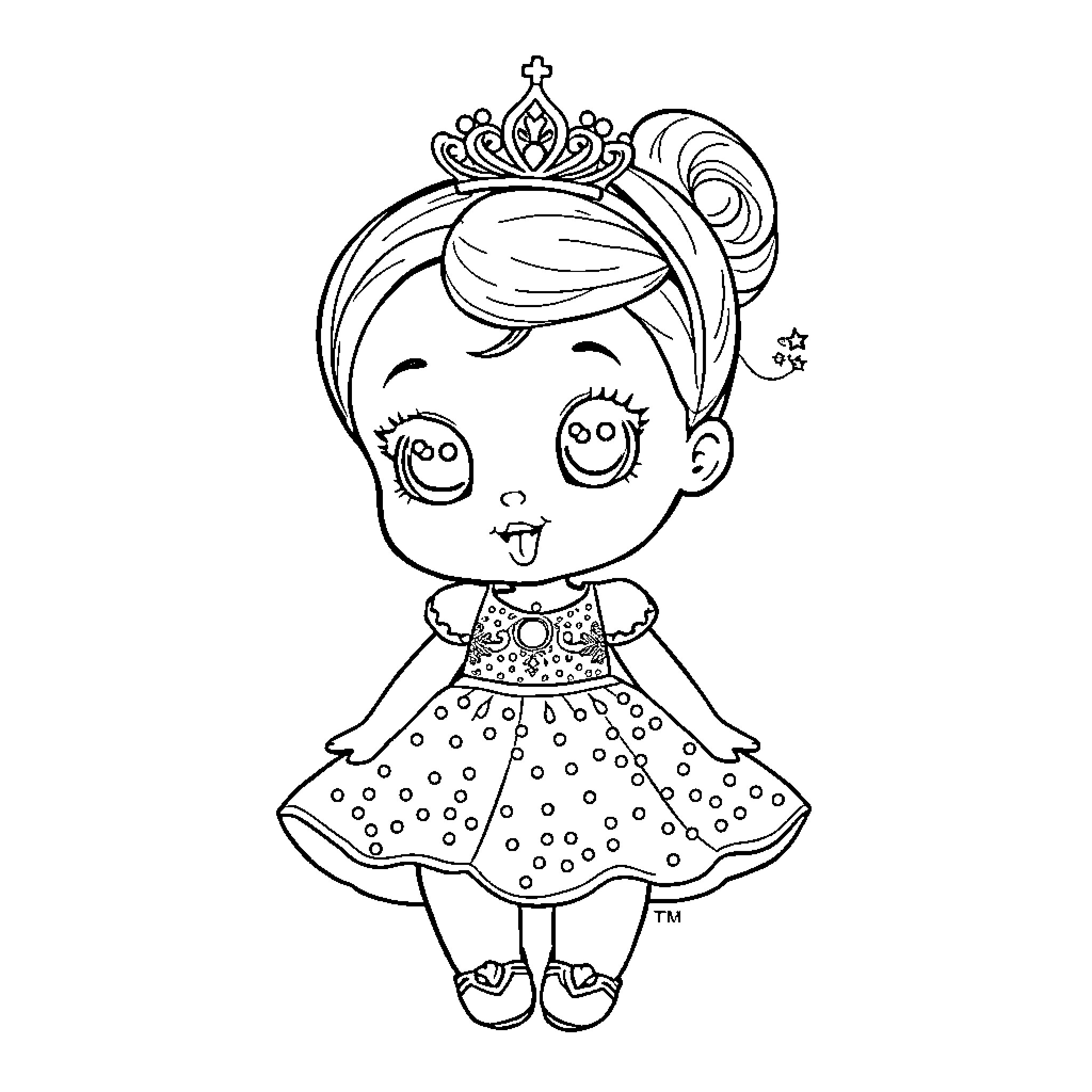 Princess Expressing Whimsical Delight in Dotted Dress Coloring Page (free black-and-white line drawing printable PDF for all, from beginners to advanced learners, including children, teens, adults, and seniors)
