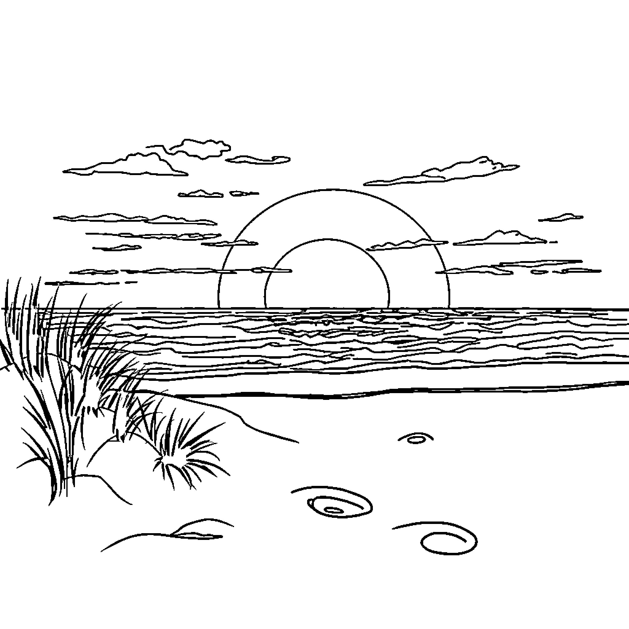 Sunset over serene coastal scenery Coloring Page (free black-and-white line drawing printable PDF for all, from beginners to advanced learners, including children, teens, adults, and seniors)