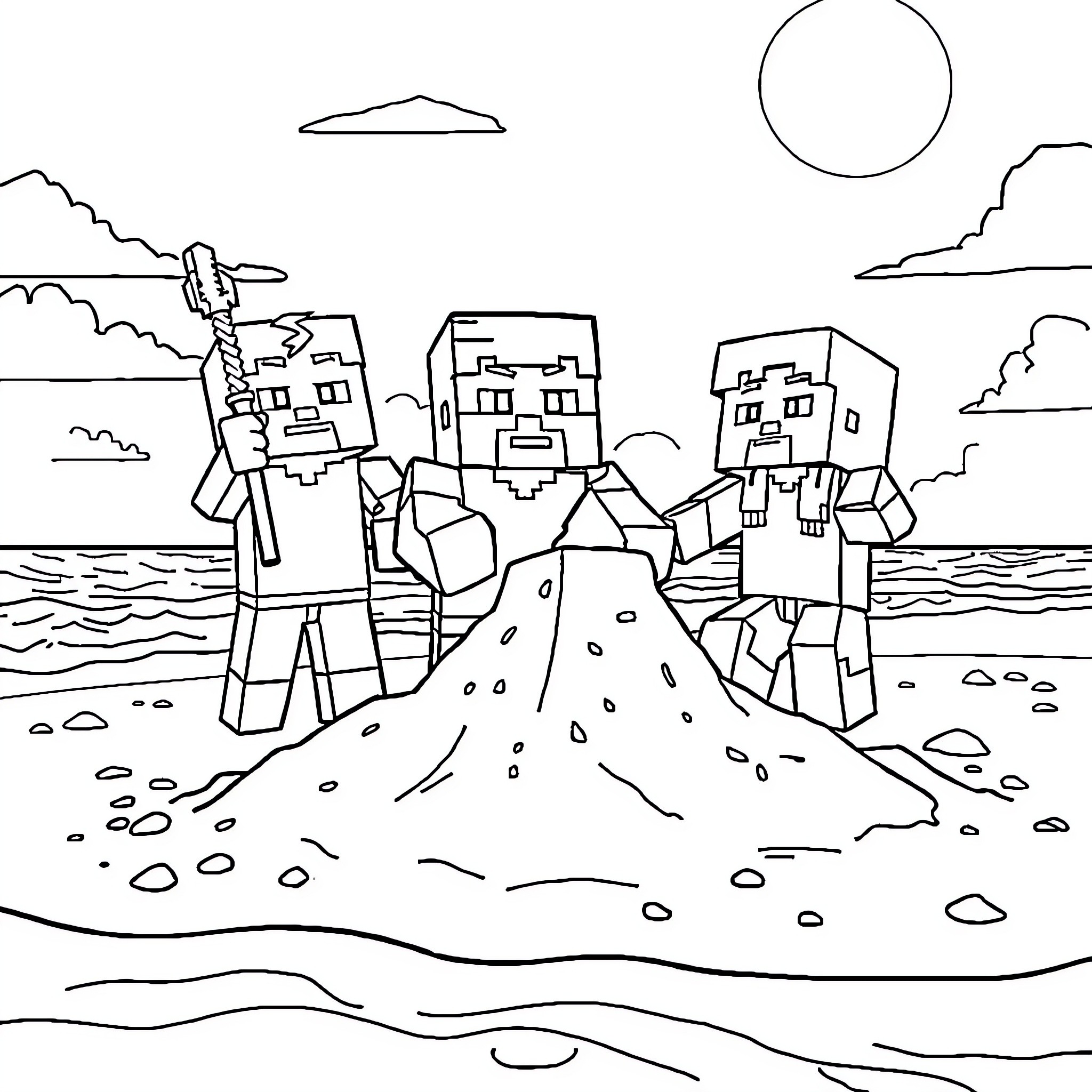 Minecraft Characters Building a Sand Castle by the Sea Coloring Page (free black-and-white line drawing printable PDF for all, from beginners to advanced learners, including children, teens, adults, and seniors)