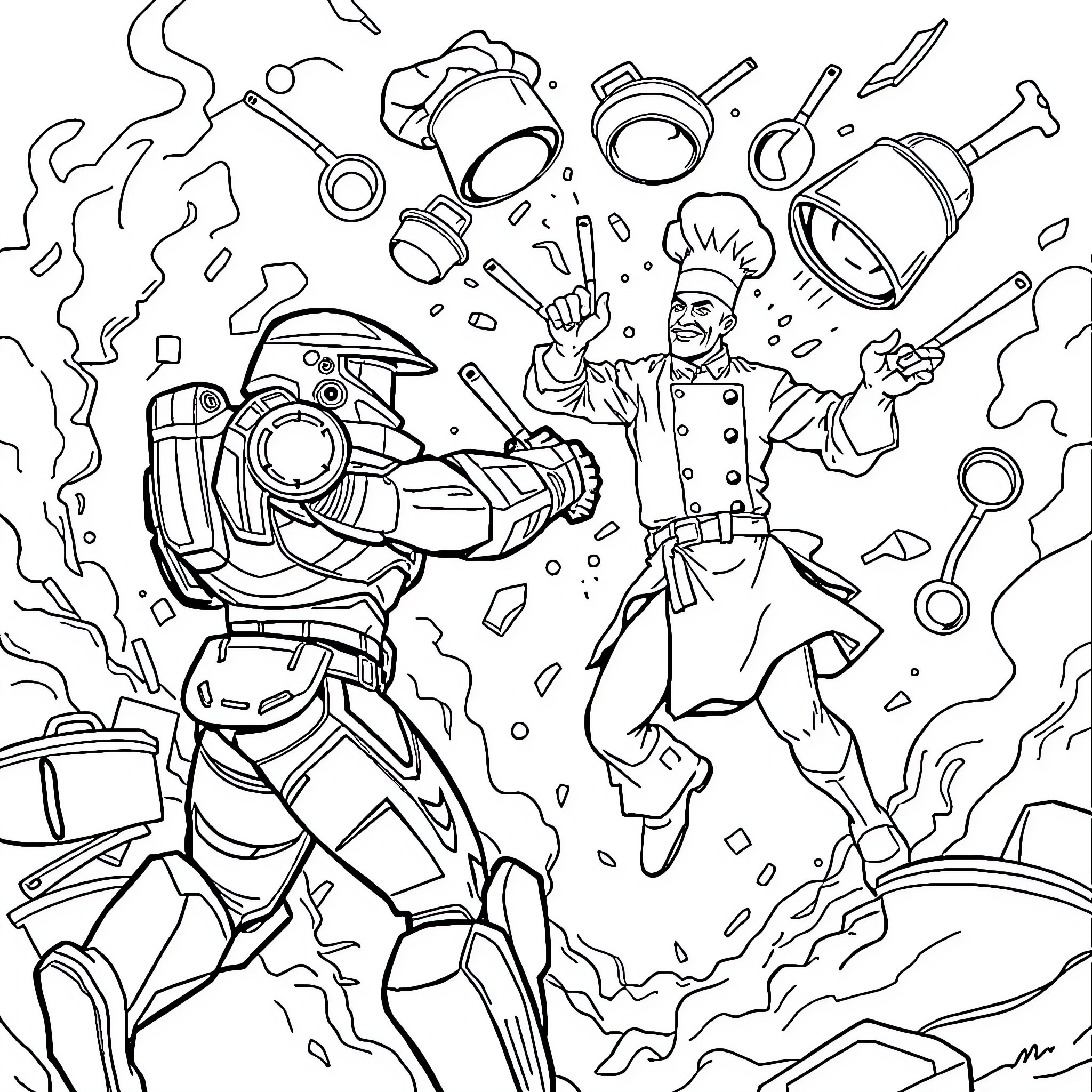Master Chief Battles Fiery Foes in Chaotic Conflict Coloring Page (free black-and-white line drawing printable PDF for all, from beginners to advanced learners, including children, teens, adults, and seniors)
