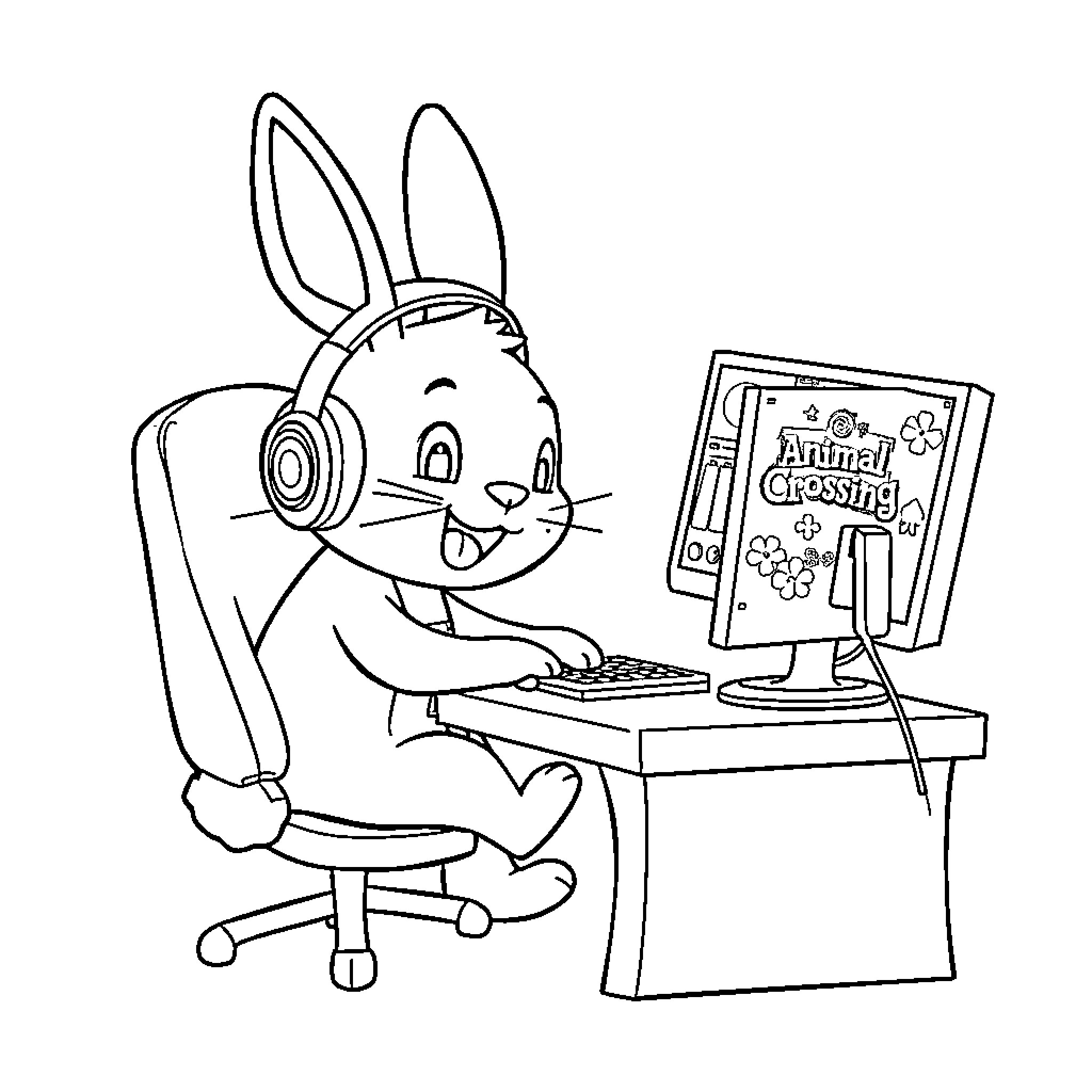 Bunny playing video game with Animal Crossing Coloring Page (free black-and-white line drawing printable PDF for all, from beginners to advanced learners, including children, teens, adults, and seniors)
