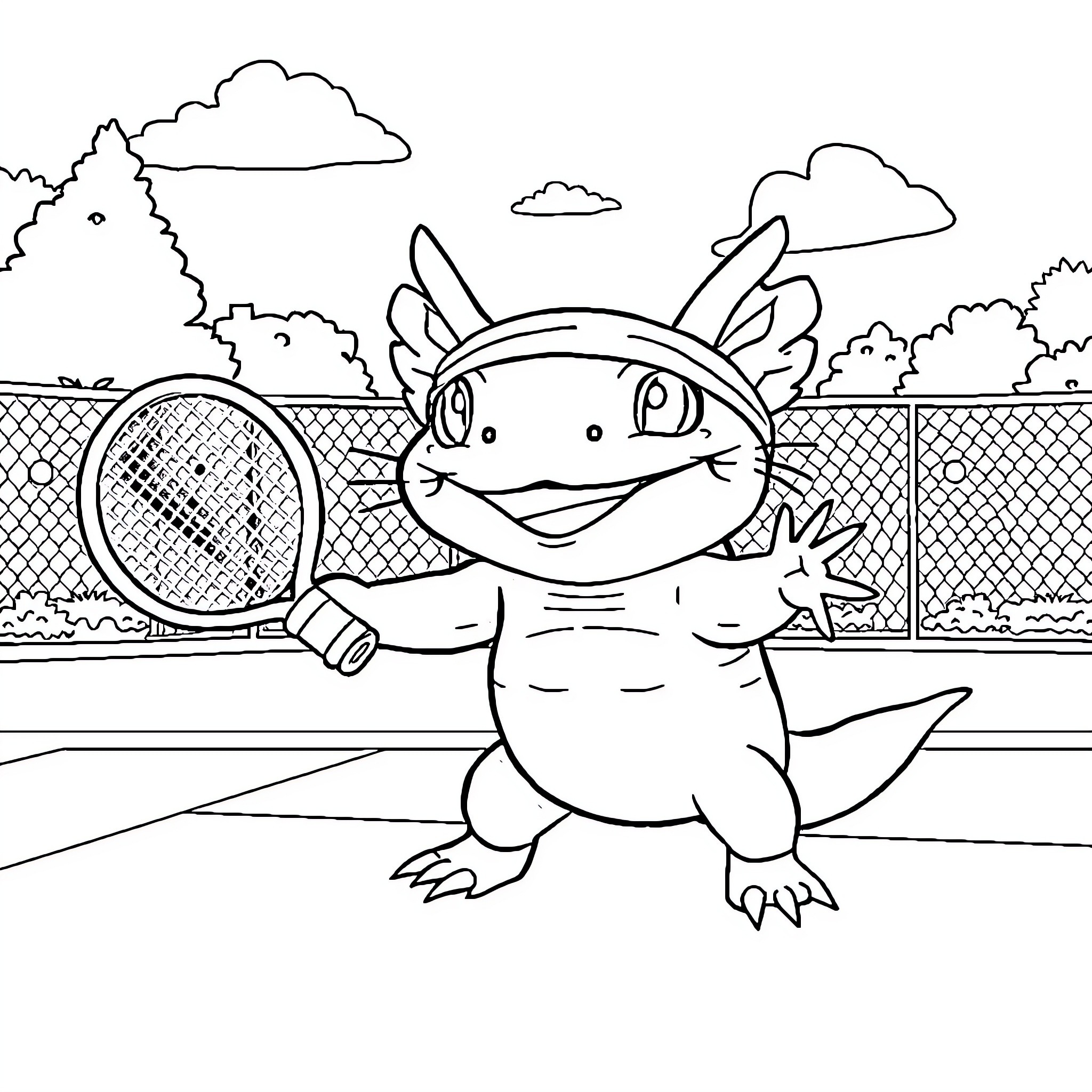 Axolotl playing happily with a tennis racket Coloring Page (free black-and-white line drawing printable PDF for all, from beginners to advanced learners, including children, teens, adults, and seniors)