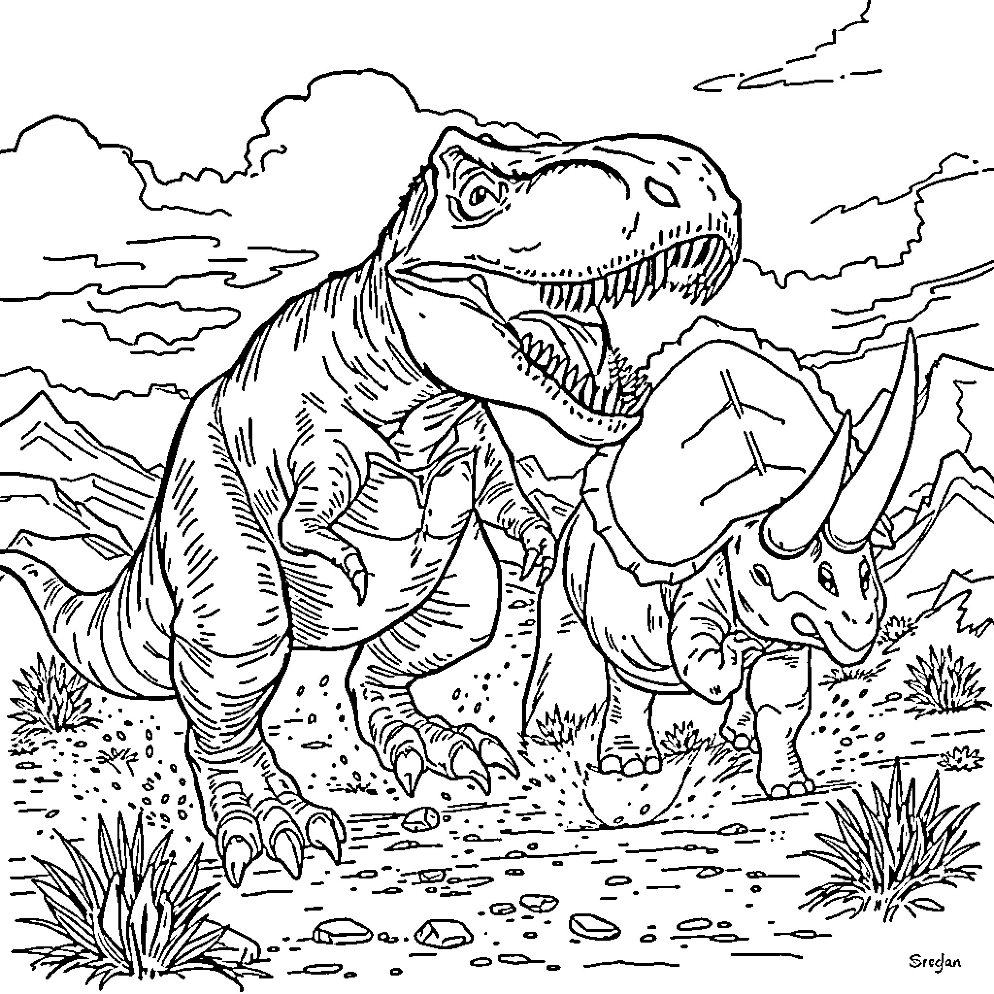 T-Rex roaring in prehistoric landscape Coloring Page (free black-and-white line drawing printable PDF for all, from beginners to advanced learners, including children, teens, adults, and seniors)