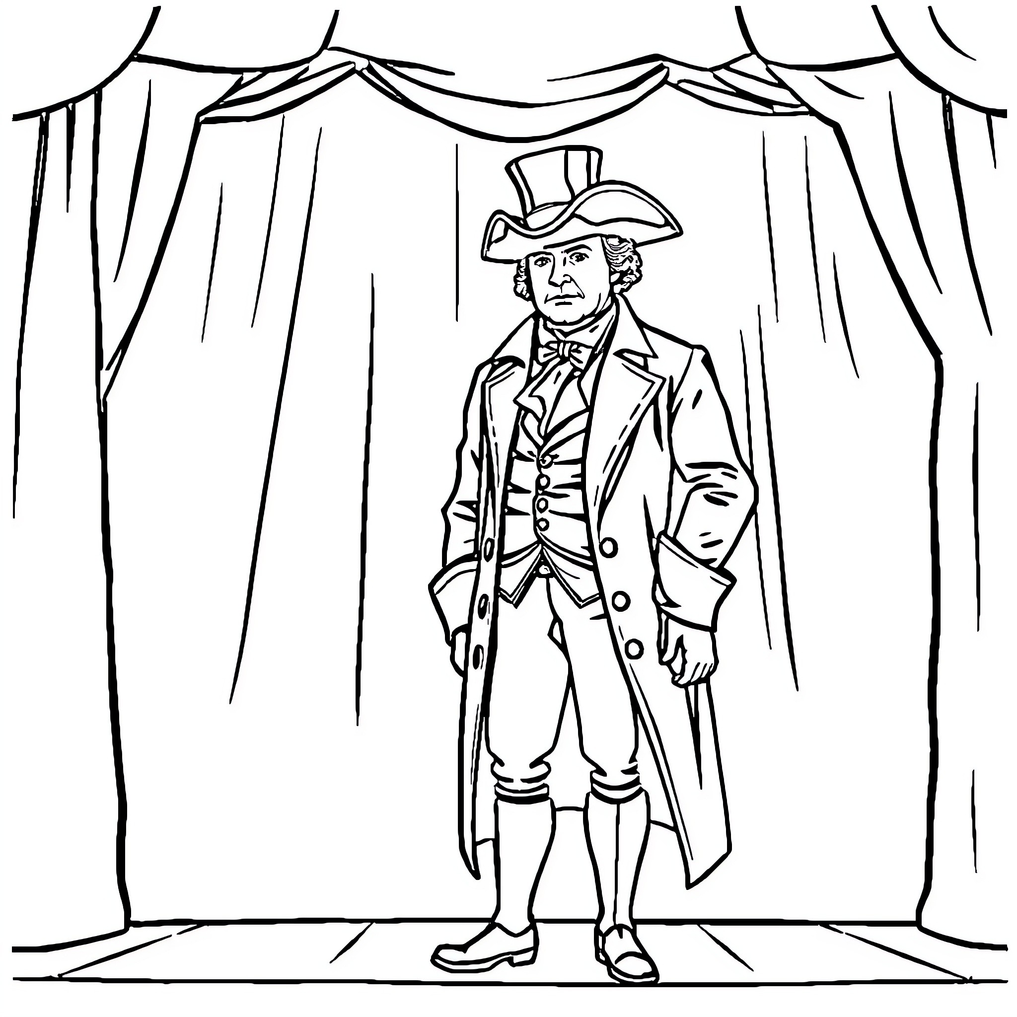 Aaron Burr standing on stage in formal attire Coloring Page (free black-and-white line drawing printable PDF for all, from beginners to advanced learners, including children, teens, adults, and seniors)