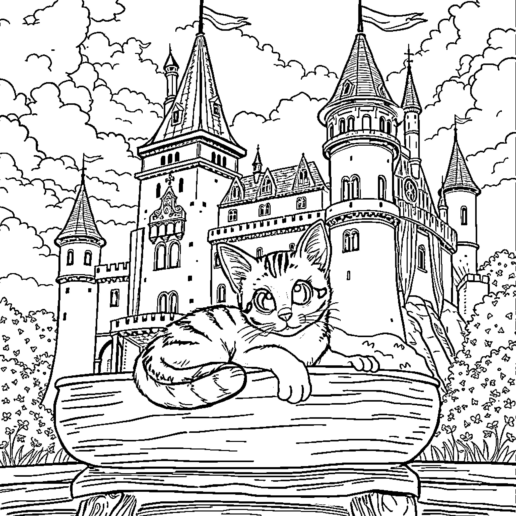 Cat resting in front of a medieval castle Coloring Page (free black-and-white line drawing printable PDF for all, from beginners to advanced learners, including children, teens, adults, and seniors)