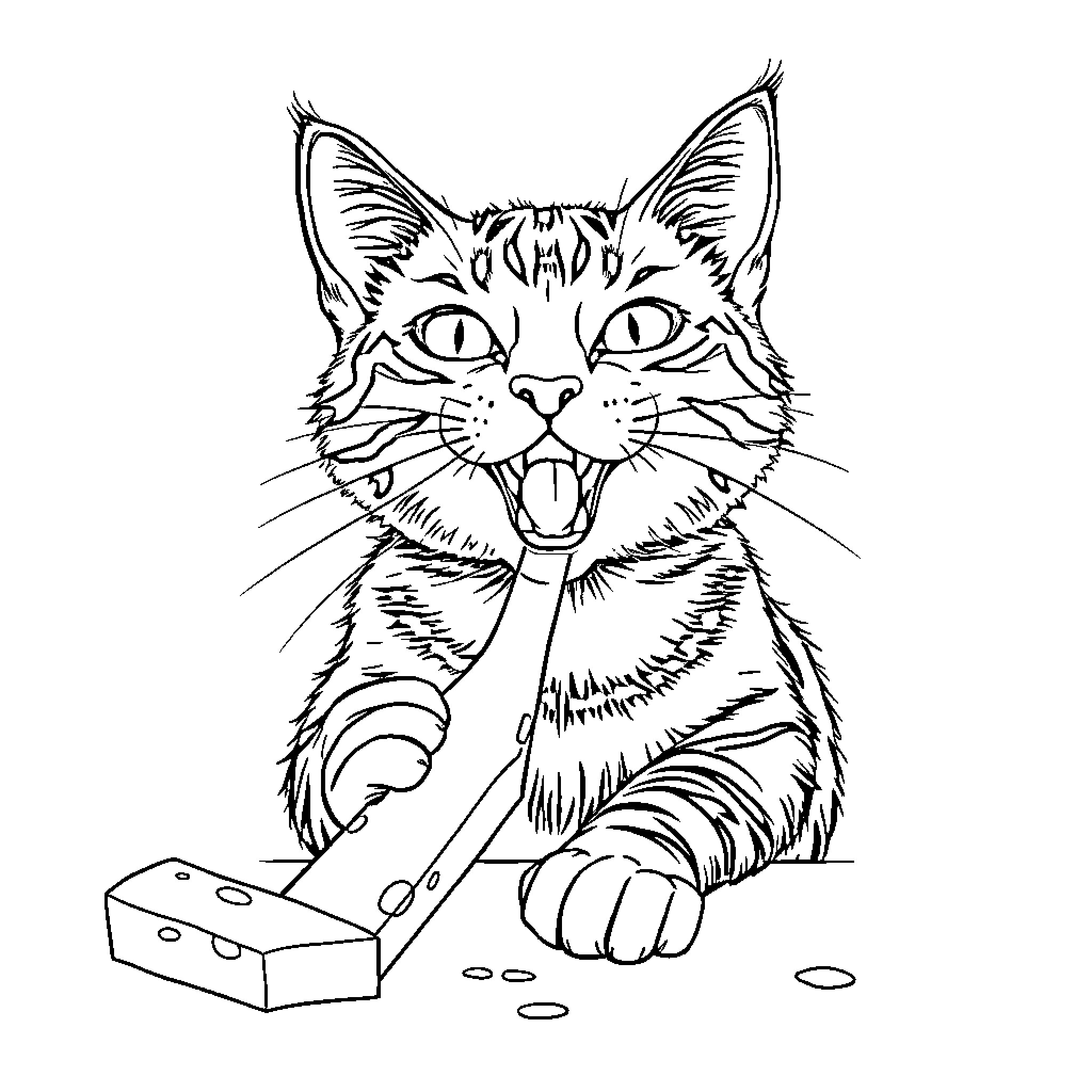 Cat playing with a toy Coloring Page (free black-and-white line drawing printable PDF for all, from beginners to advanced learners, including children, teens, adults, and seniors)