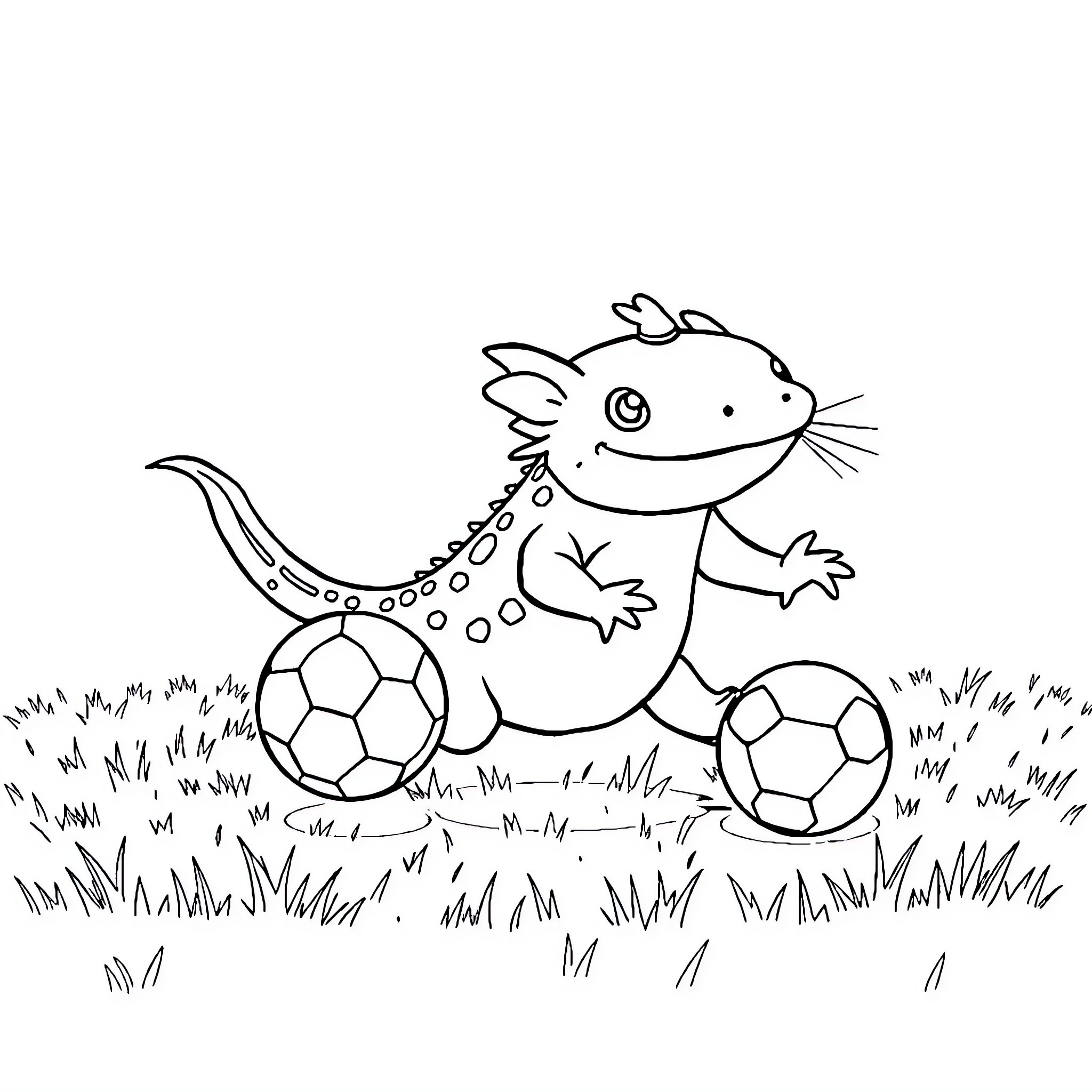 Axolotl playing with soccer balls in the grass Coloring Page (free black-and-white line drawing printable PDF for all, from beginners to advanced learners, including children, teens, adults, and seniors)
