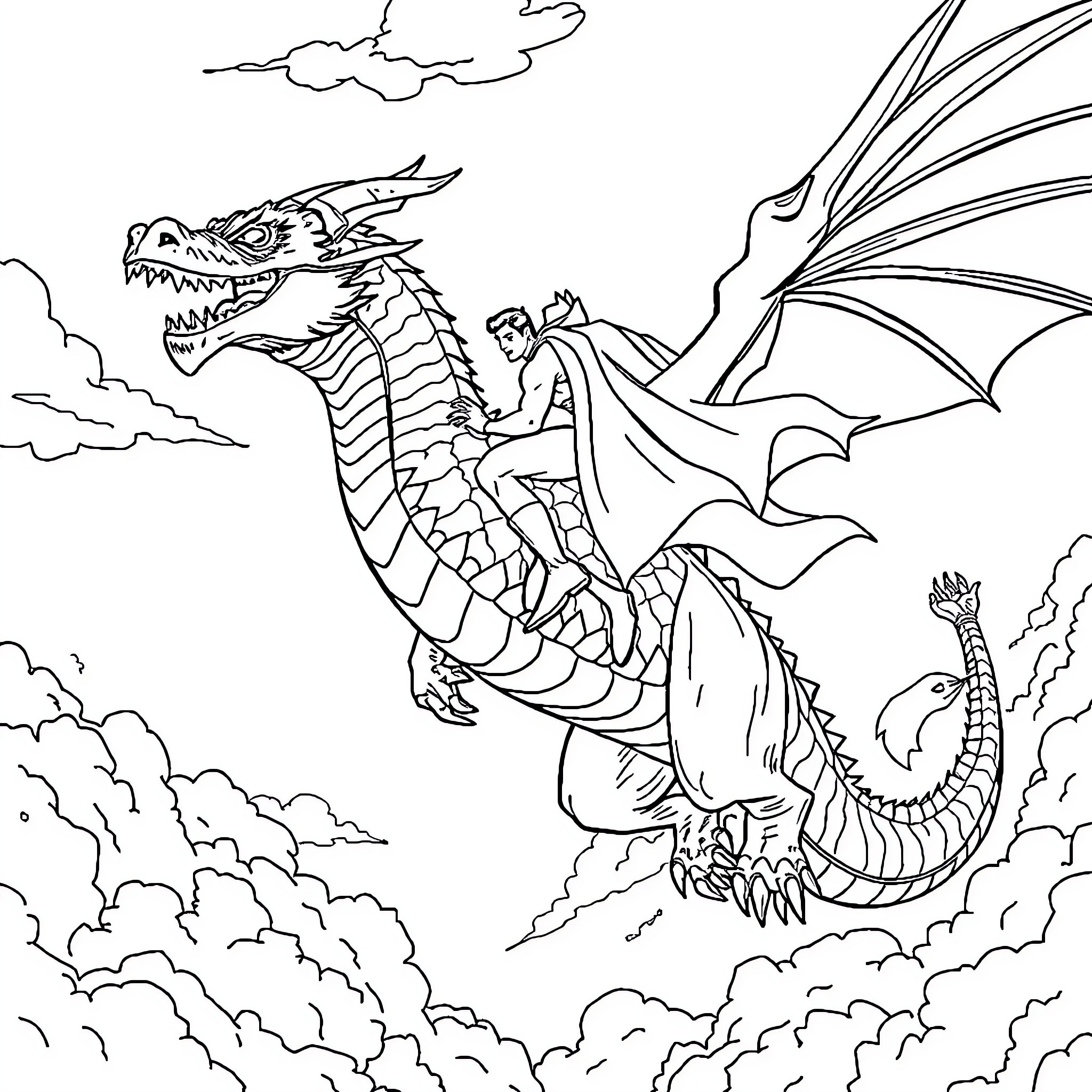 Dragon soaring through the clouds with a brave rider Coloring Page (free black-and-white line drawing printable PDF for all, from beginners to advanced learners, including children, teens, adults, and seniors)