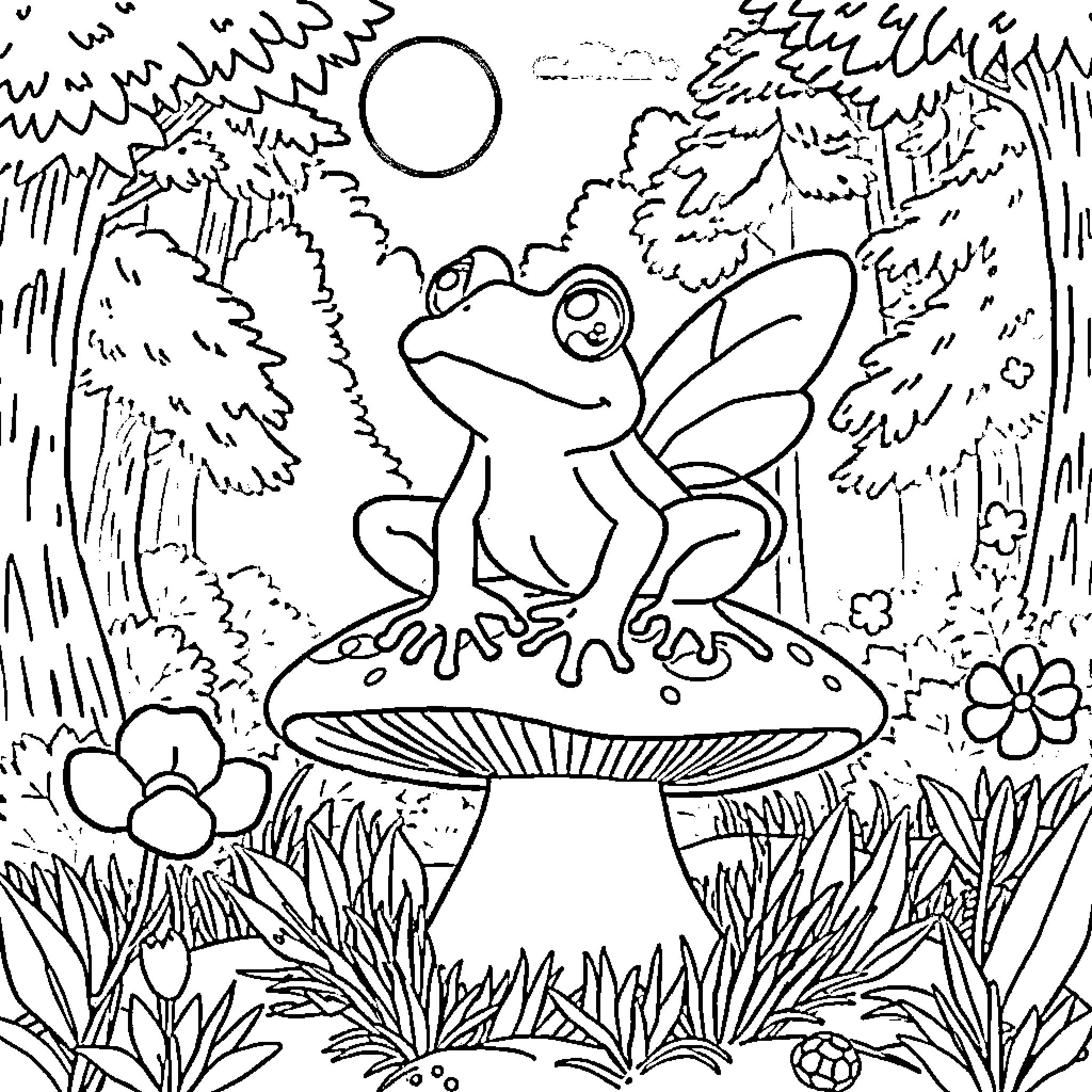 Frog resting on a mushroom in a whimsical forest Coloring Page (free black-and-white line drawing printable PDF for all, from beginners to advanced learners, including children, teens, adults, and seniors)