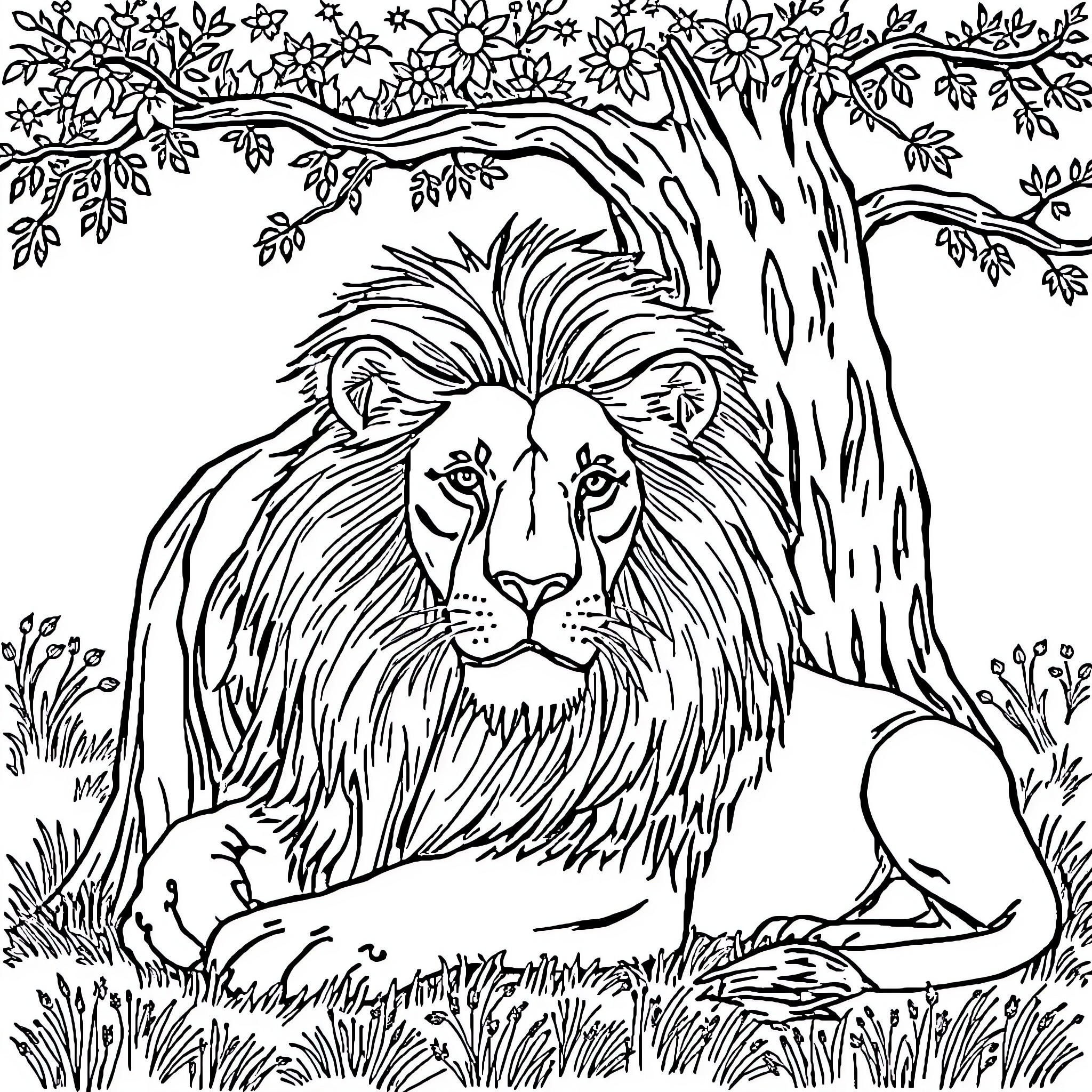 Lion resting in lush floral garden Coloring Page (free black-and-white line drawing printable PDF for all, from beginners to advanced learners, including children, teens, adults, and seniors)