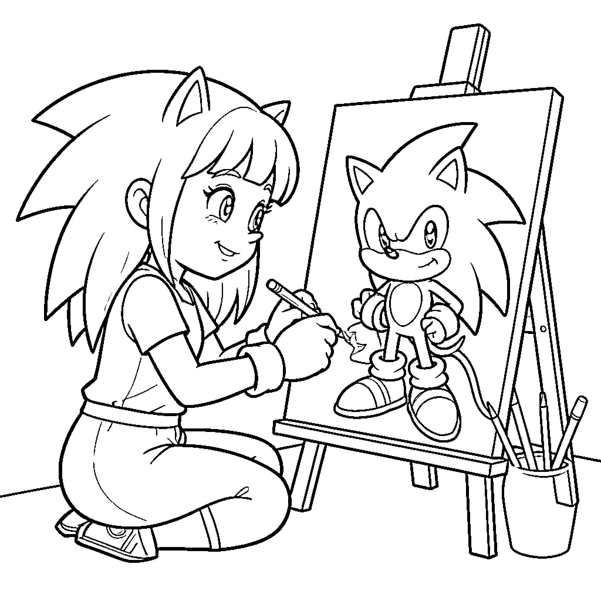 Sonic character being drawn by a young girl Coloring Page (free black-and-white line drawing printable PDF for all, from beginners to advanced learners, including children, teens, adults, and seniors)