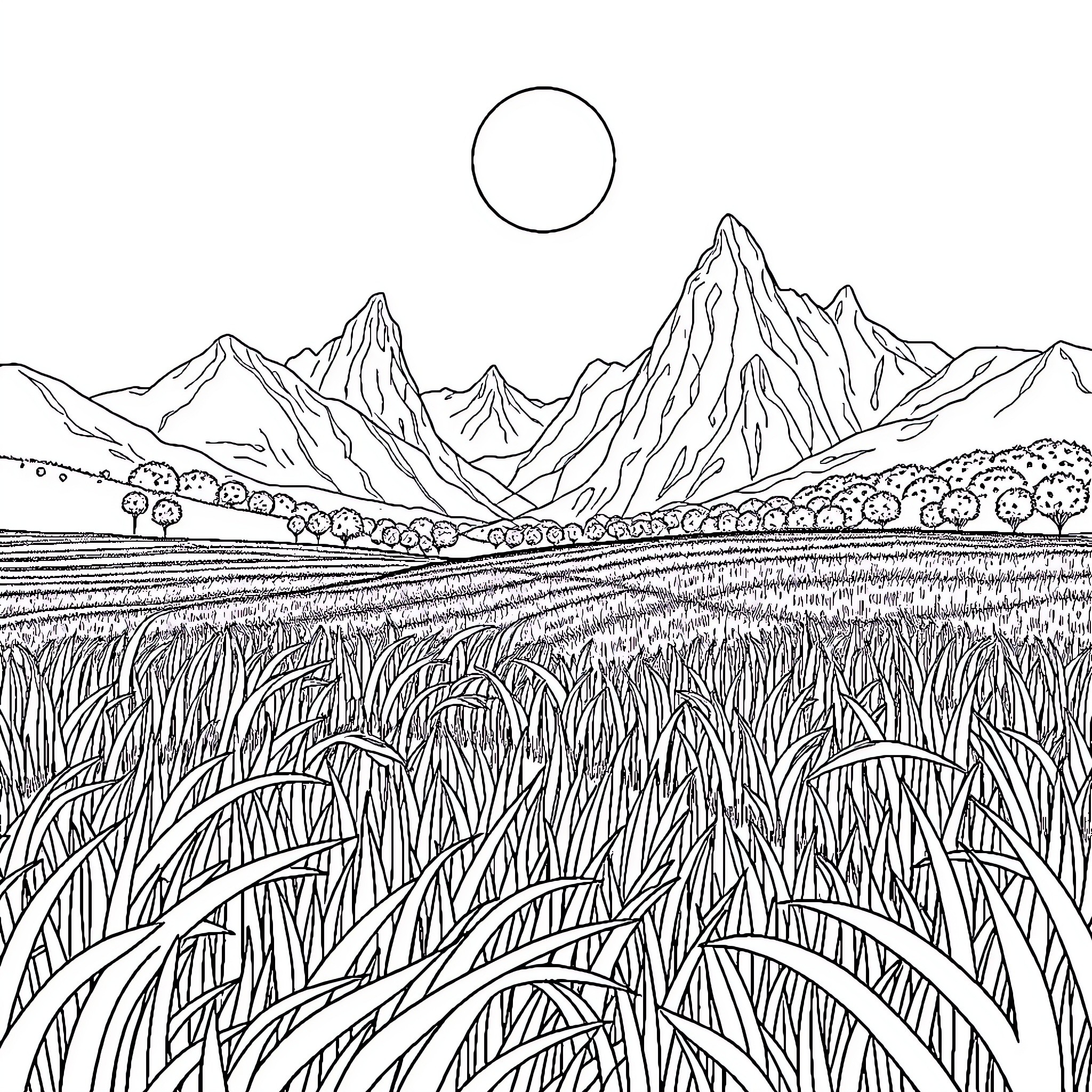 Field of waving grass before majestic mountains Coloring Page (free black-and-white line drawing printable PDF for all, from beginners to advanced learners, including children, teens, adults, and seniors)